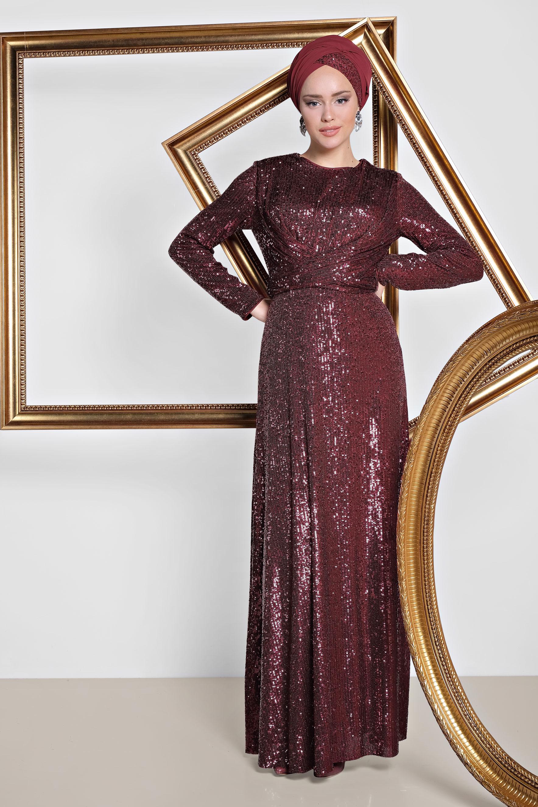 Tesettür giyim BORDO KRUVAZE PUL PAYET ABİYE ELBİSE 5580