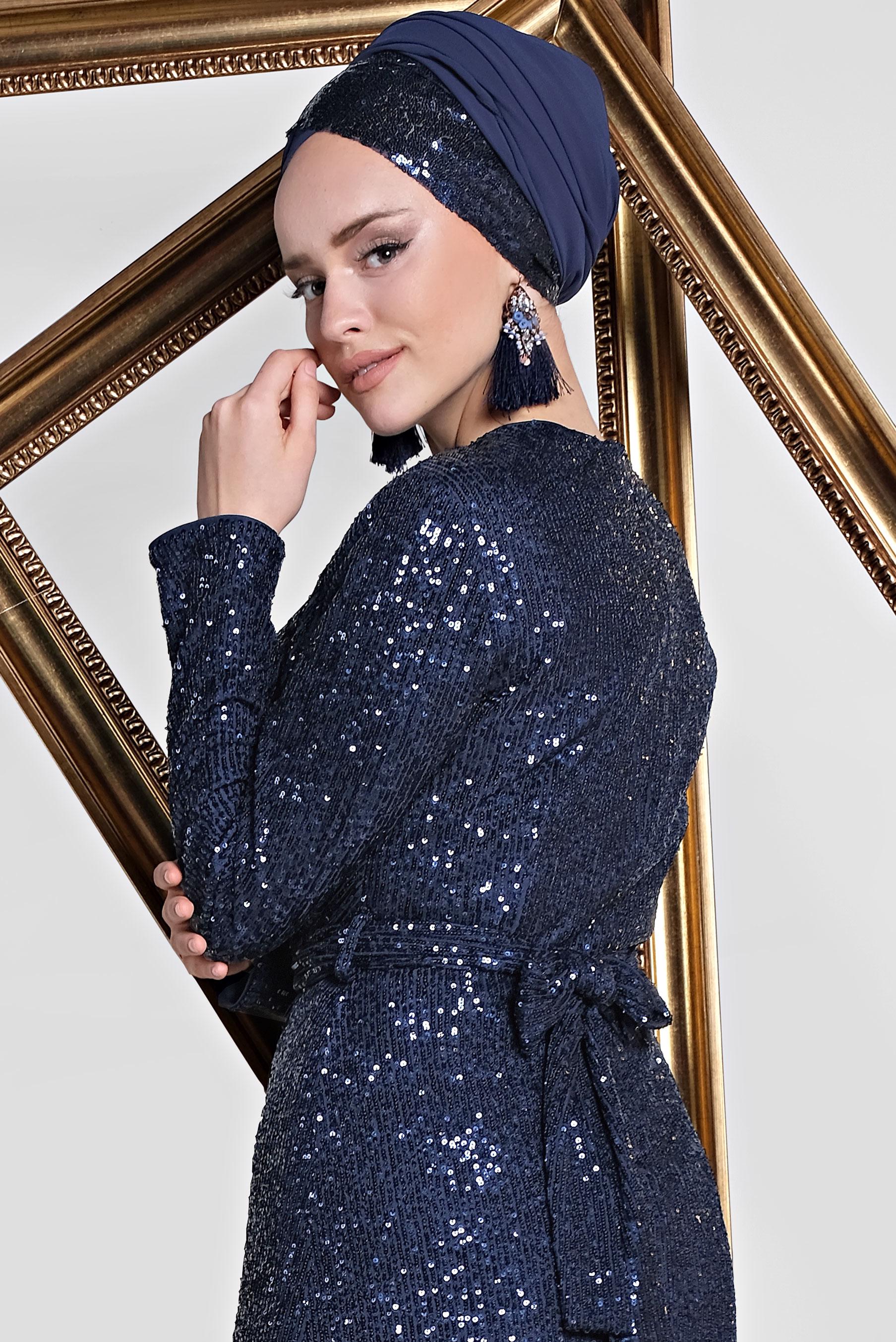 Tesettür giyim LACİVERT KRUVAZE PUL PAYET ABİYE ELBİSE 5580