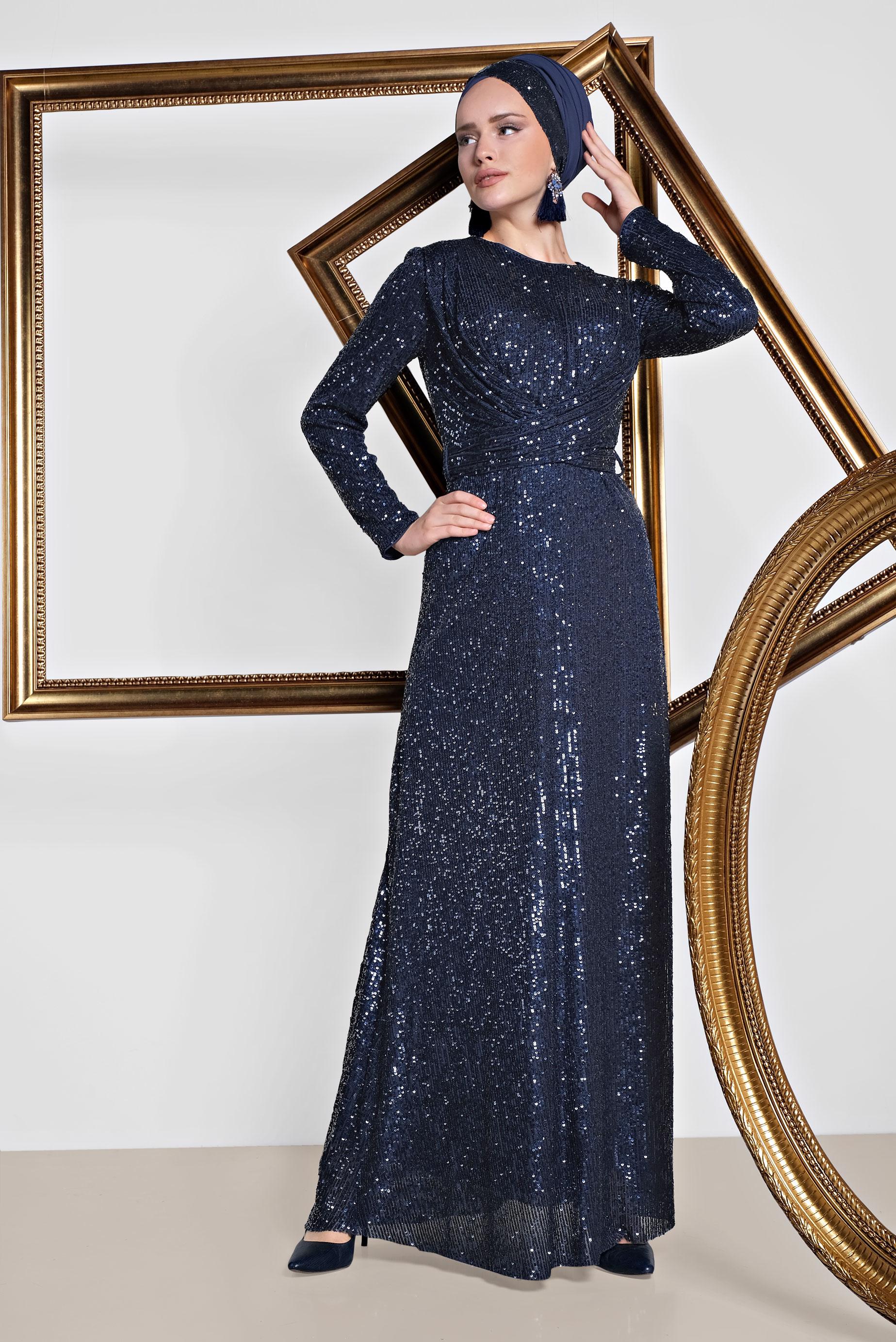 Tesettür giyim LACİVERT KRUVAZE PUL PAYET ABİYE ELBİSE 5580