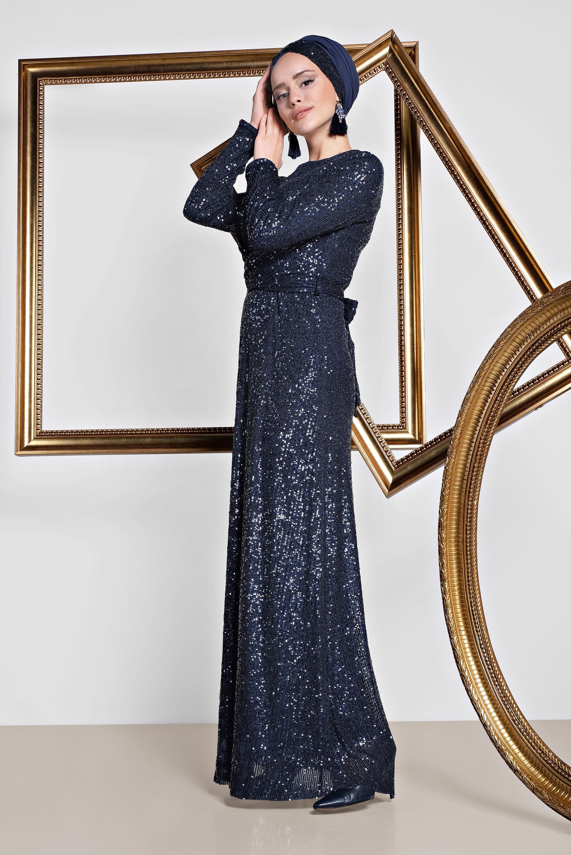 Tesettür giyim LACİVERT KRUVAZE PUL PAYET ABİYE ELBİSE 5580