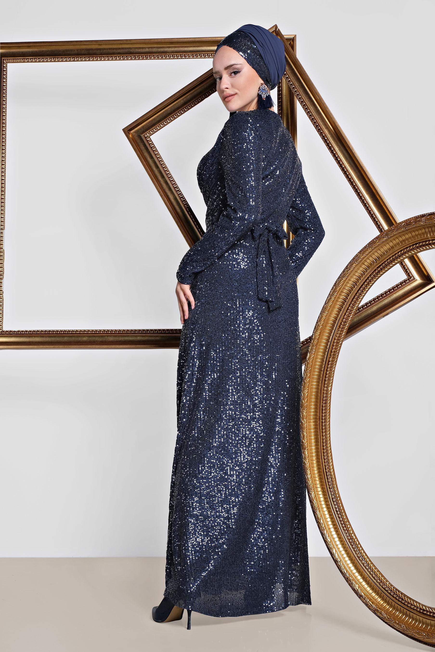 Tesettür giyim LACİVERT KRUVAZE PUL PAYET ABİYE ELBİSE 5580