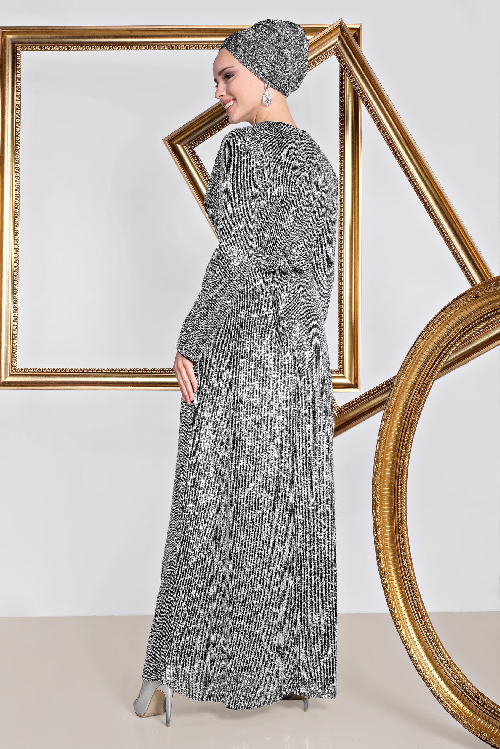 Tesettür giyim SİYAH KRUVAZE PUL PAYET ABİYE ELBİSE 5580