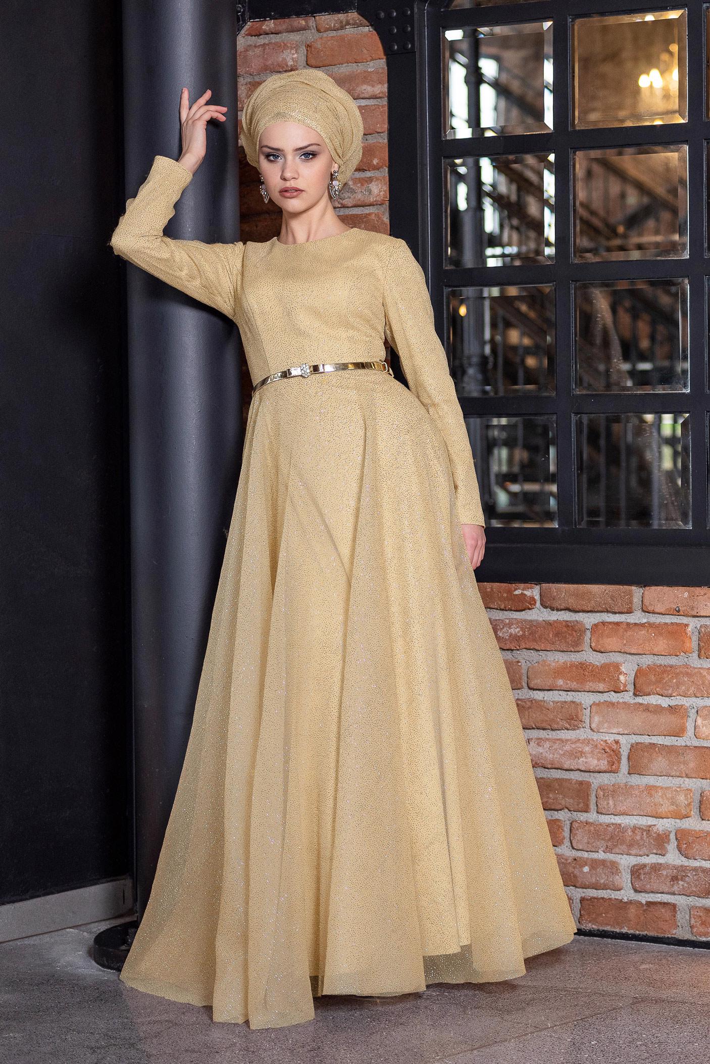 Tesettür giyim ALTIN ETEĞİ VOLANLI SİMLİ ABİYE ELBİSE 5581