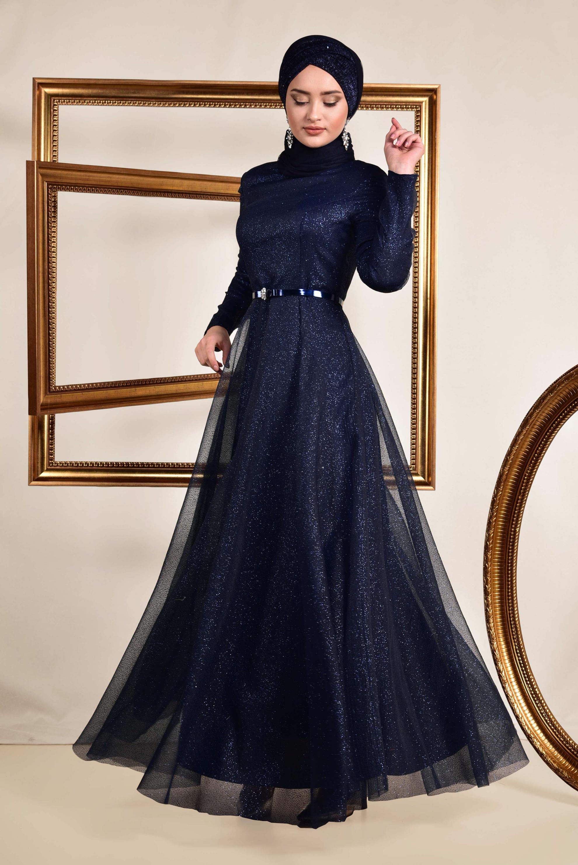 Tesettür giyim LACİVERT ETEĞİ VOLANLI SİMLİ ABİYE ELBİSE 5581