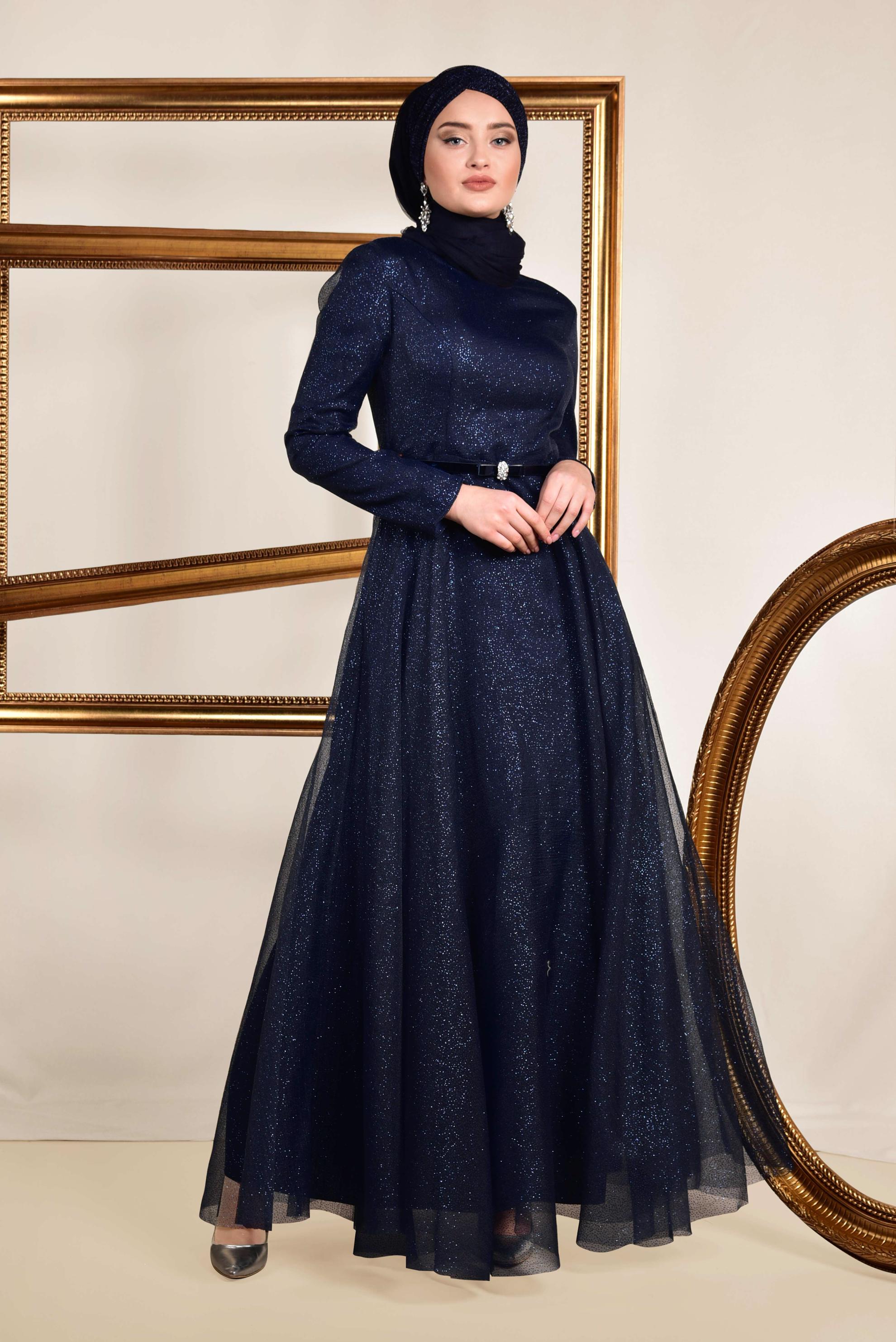 Tesettür giyim LACİVERT ETEĞİ VOLANLI SİMLİ ABİYE ELBİSE 5581