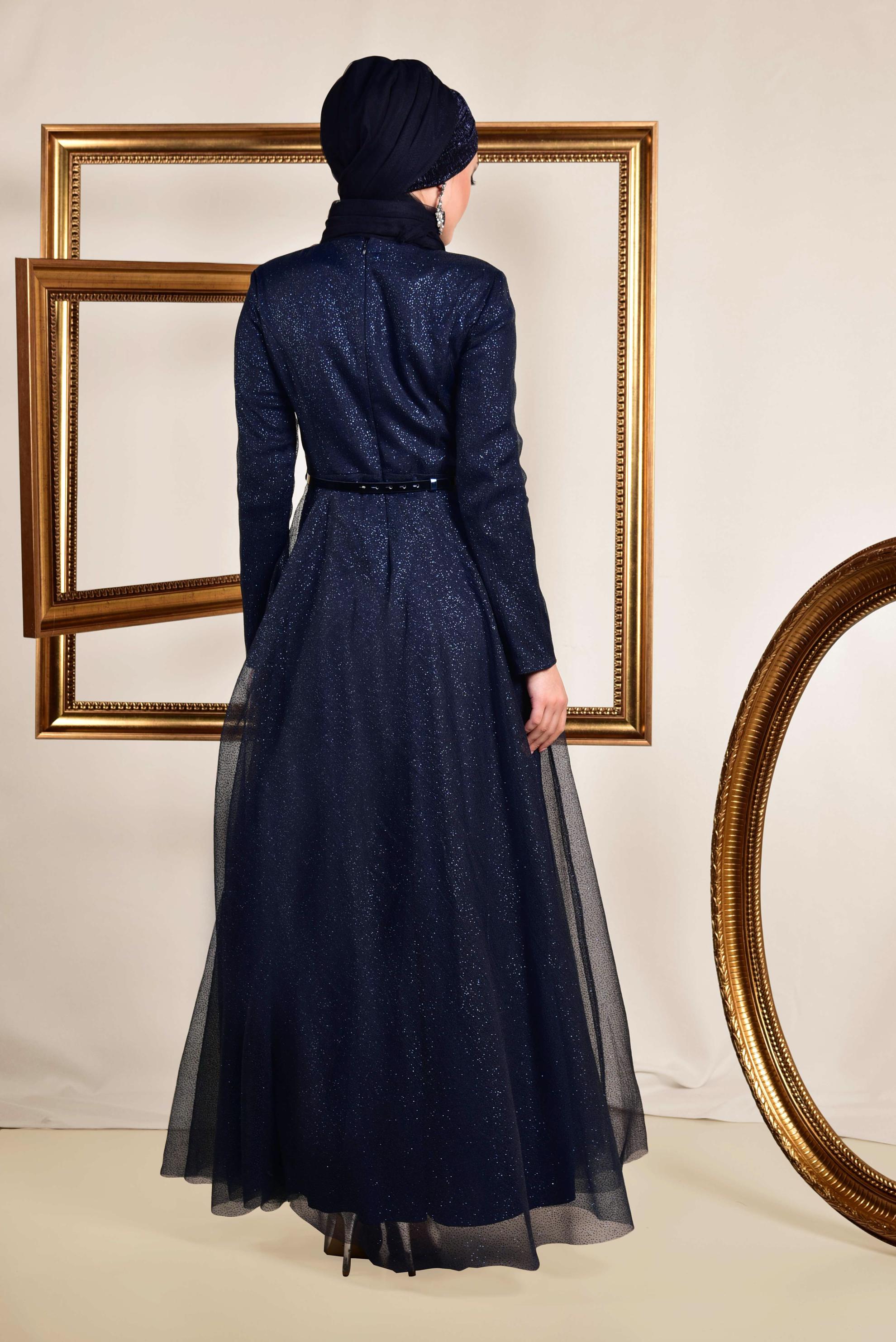 Tesettür giyim LACİVERT ETEĞİ VOLANLI SİMLİ ABİYE ELBİSE 5581