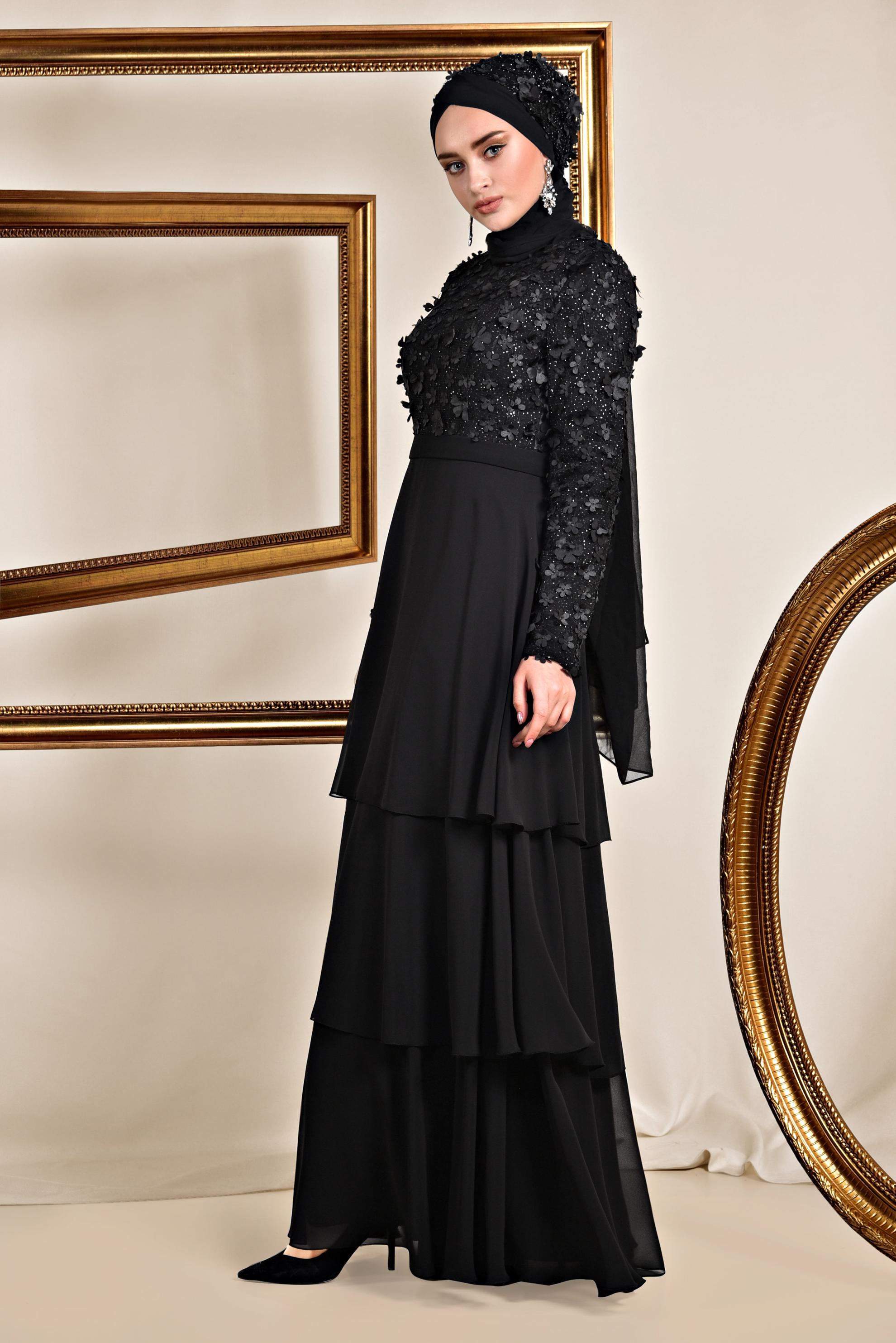 Tesettür giyim SİYAH ÜÇ BOYUTLU ÇİÇEK DETAYLI ABİYE ELBİSE 5582