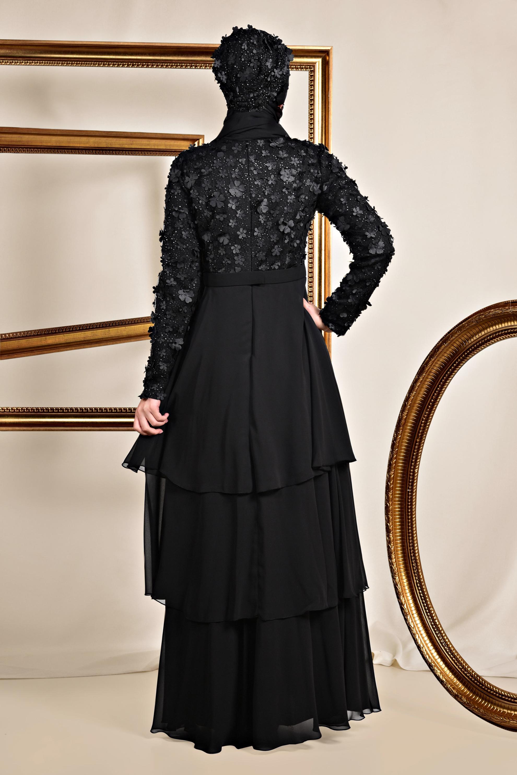 Tesettür giyim SİYAH ÜÇ BOYUTLU ÇİÇEK DETAYLI ABİYE ELBİSE 5582