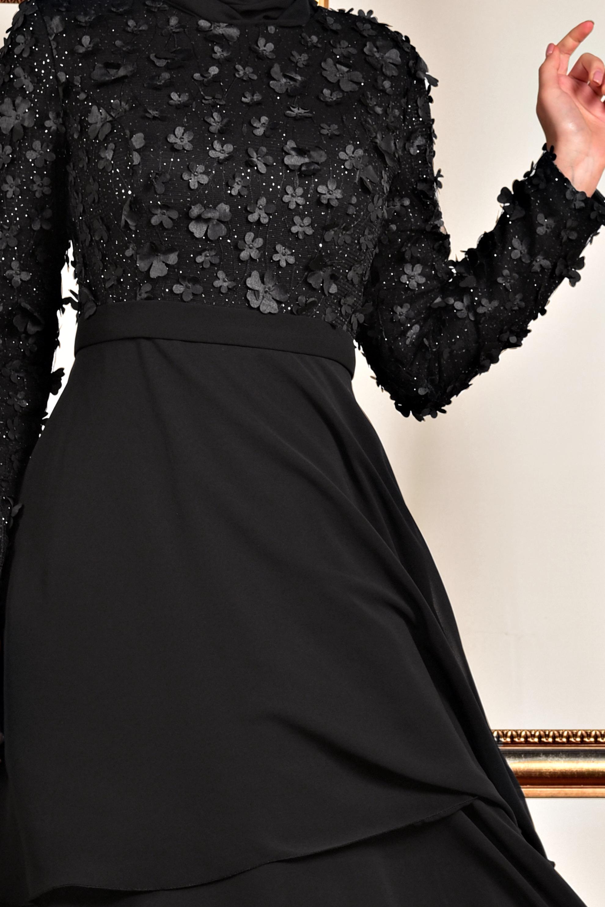 Tesettür giyim SİYAH ÜÇ BOYUTLU ÇİÇEK DETAYLI ABİYE ELBİSE 5582