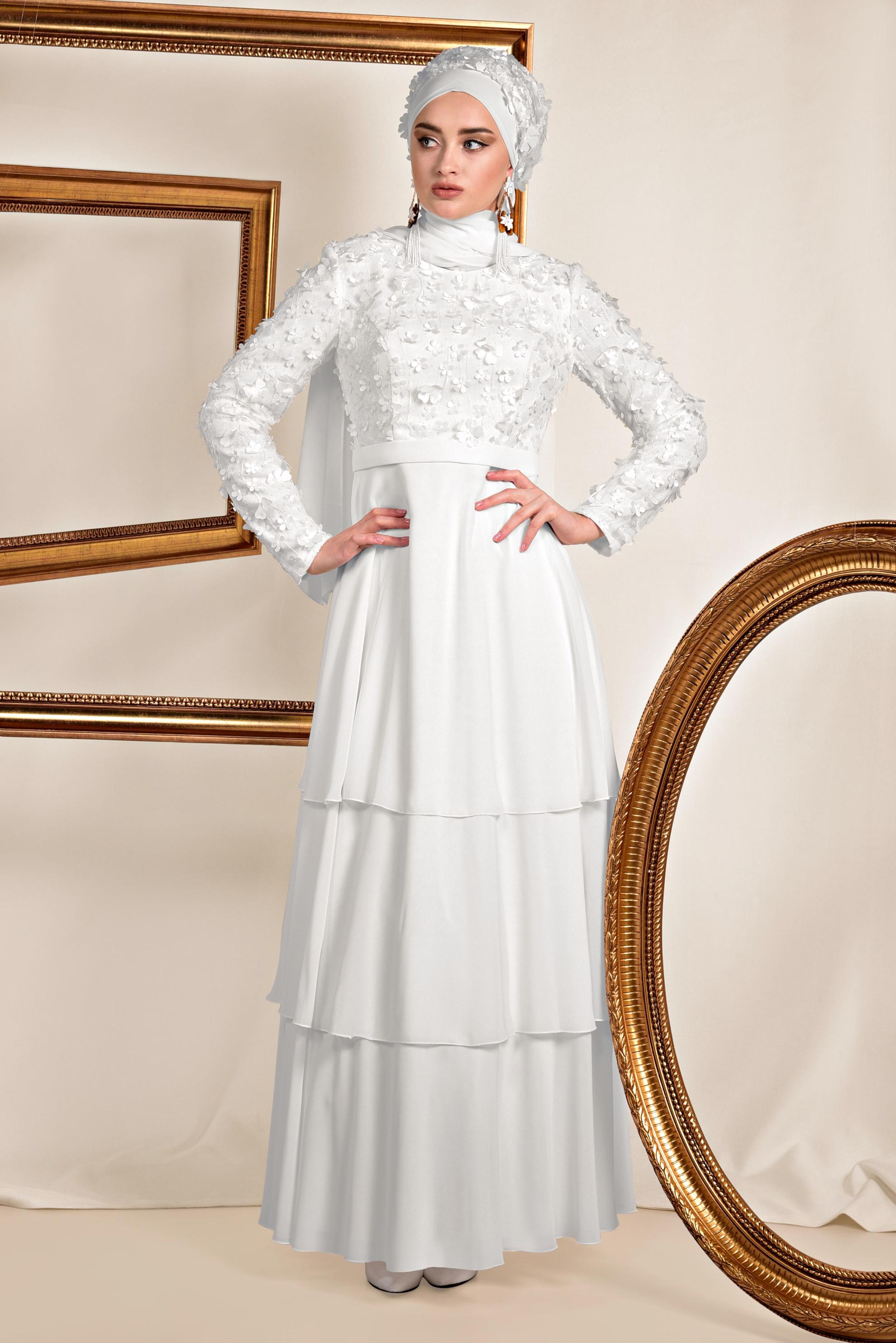 Tesettür giyim BEYAZ ÜÇ BOYUTLU ÇİÇEK DETAYLI ABİYE ELBİSE 5582