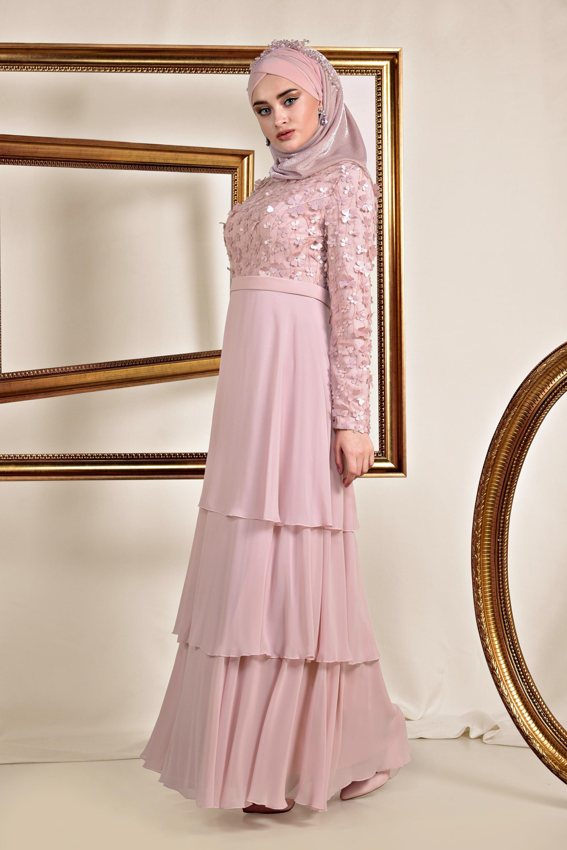 Tesettür giyim PUDRA ÜÇ BOYUTLU ÇİÇEK DETAYLI ABİYE ELBİSE 5582