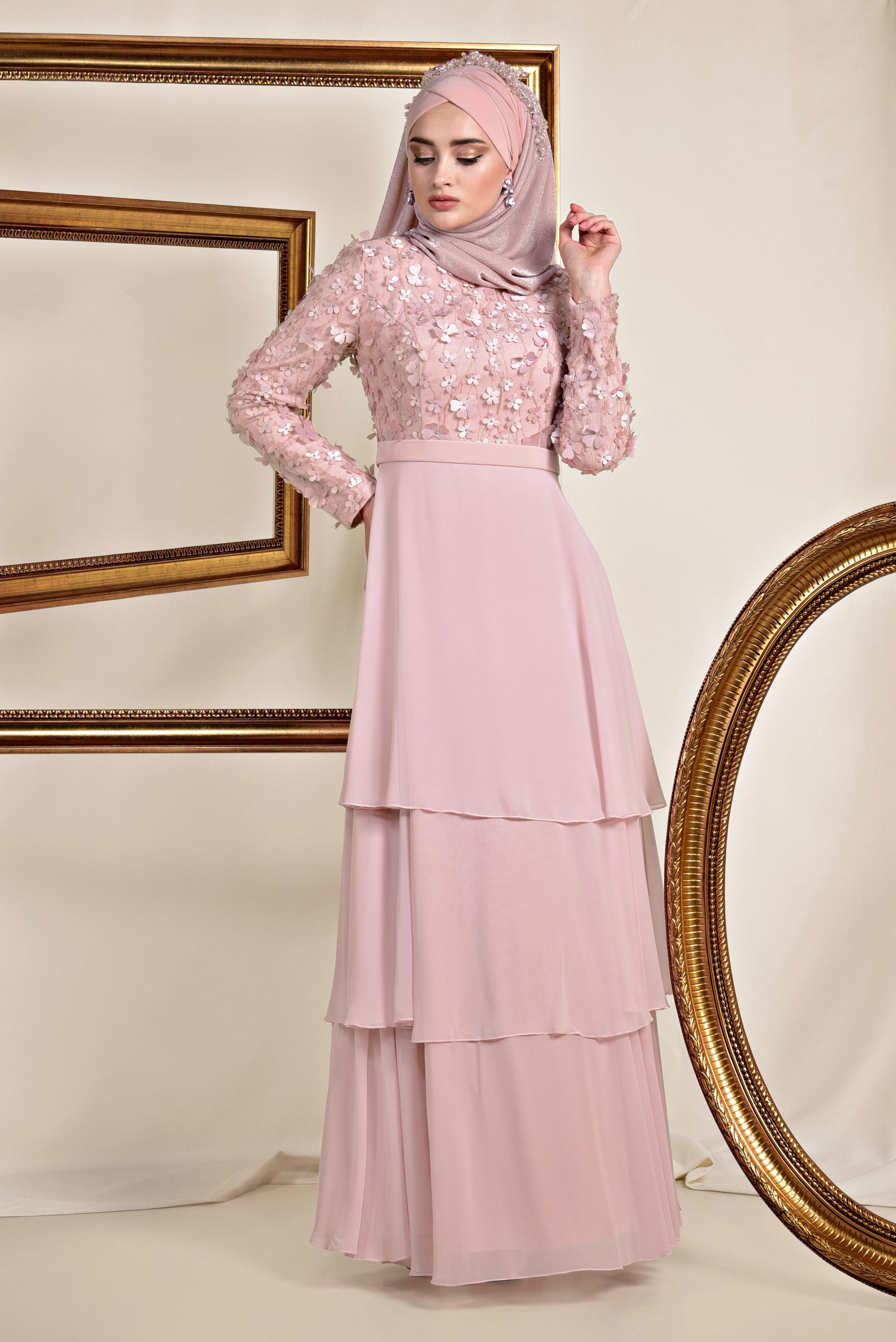 Tesettür giyim PUDRA ÜÇ BOYUTLU ÇİÇEK DETAYLI ABİYE ELBİSE 5582