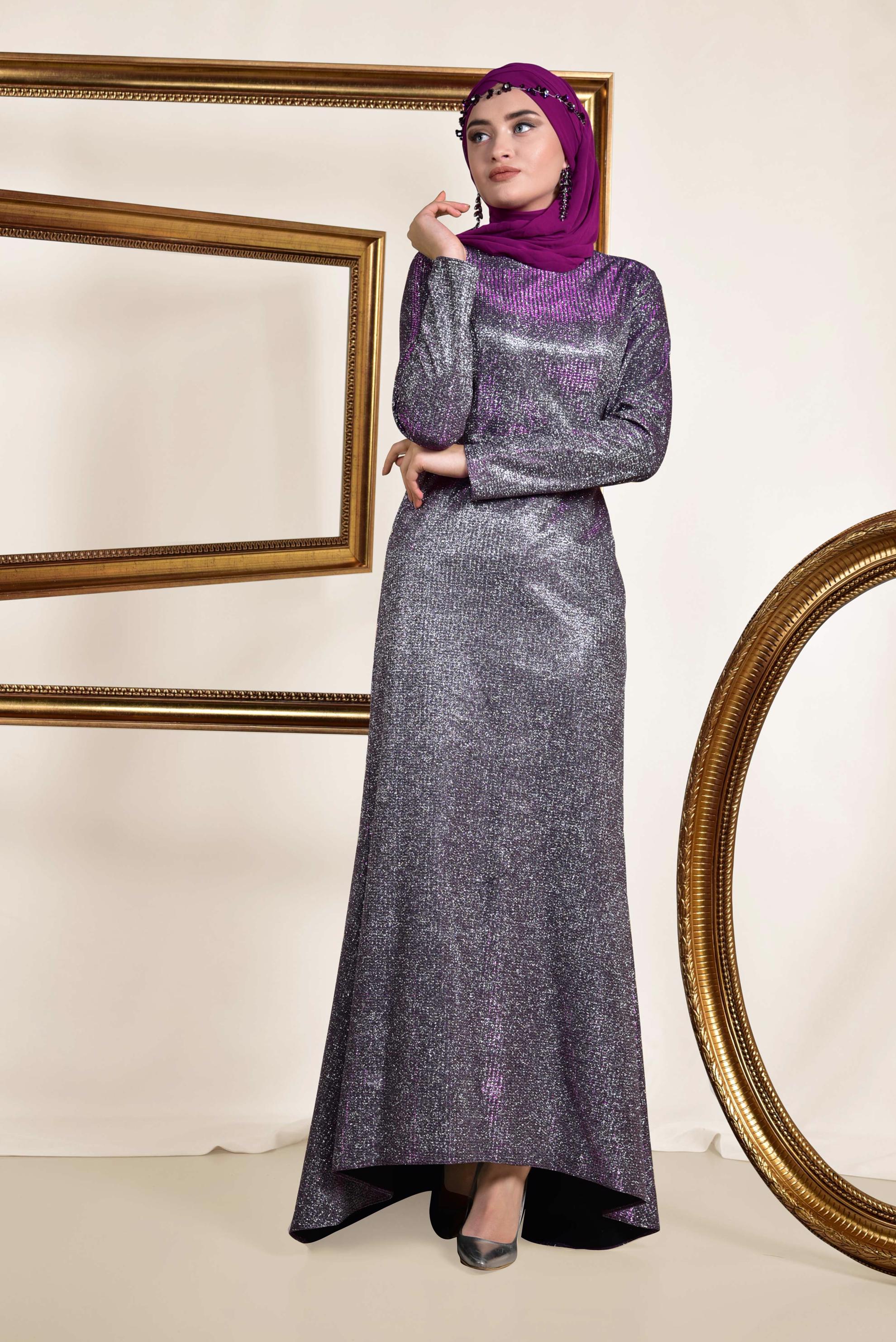 Tesettür giyim MOR ASİMETRİK KESİM KEMERLİ ABİYE 5583 