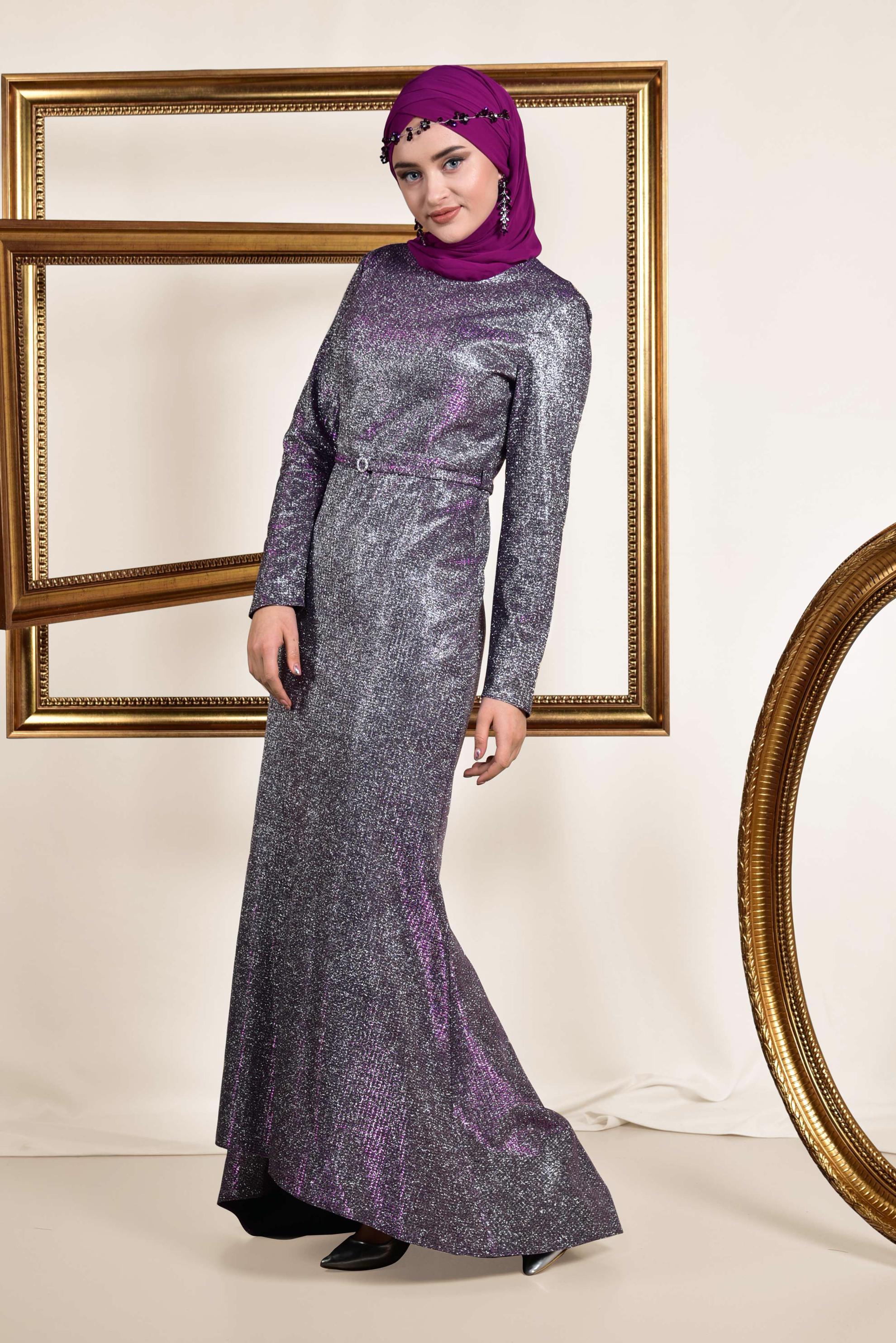 Tesettür giyim MOR ASİMETRİK KESİM KEMERLİ ABİYE 5583 