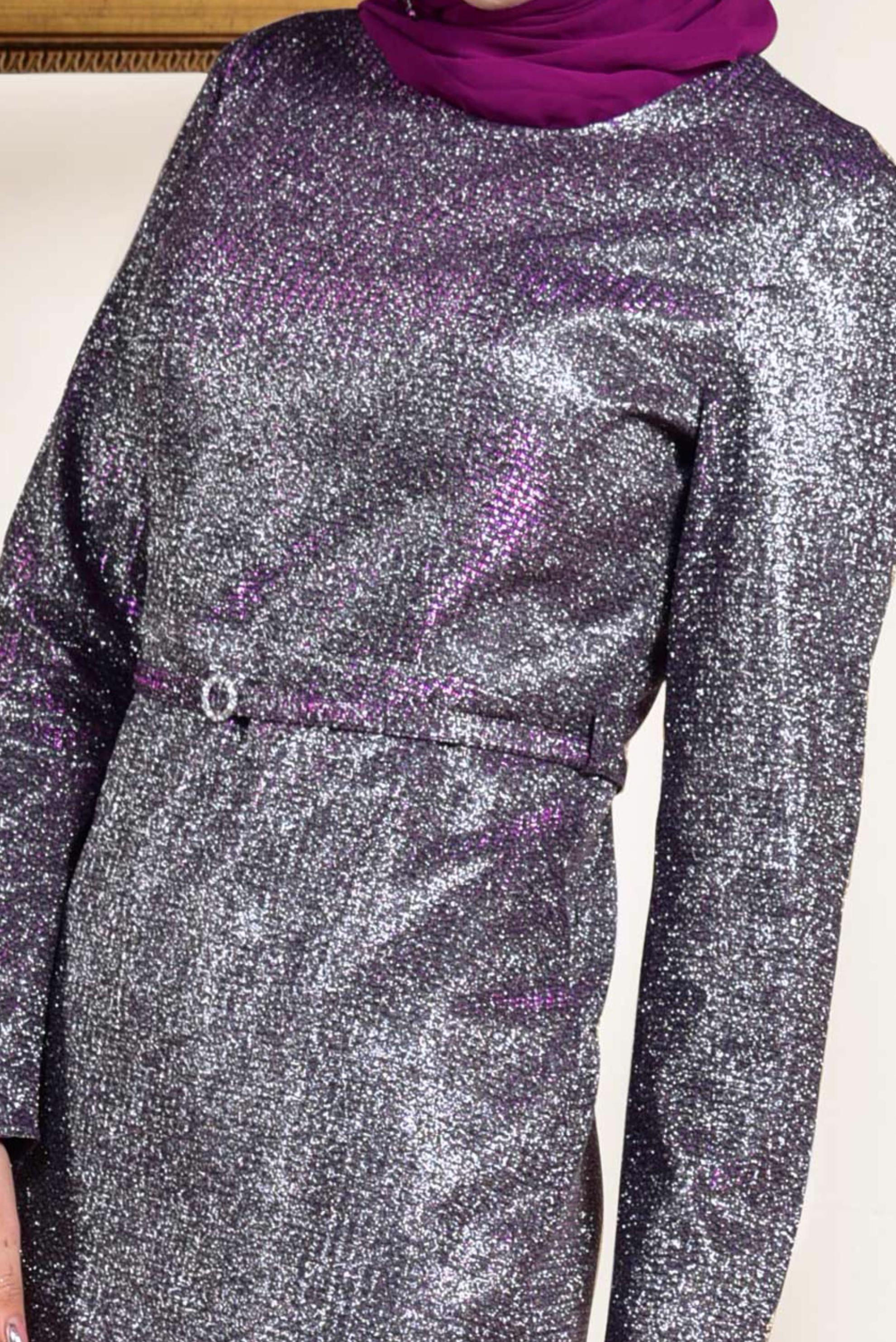 Tesettür giyim MOR ASİMETRİK KESİM KEMERLİ ABİYE 5583 