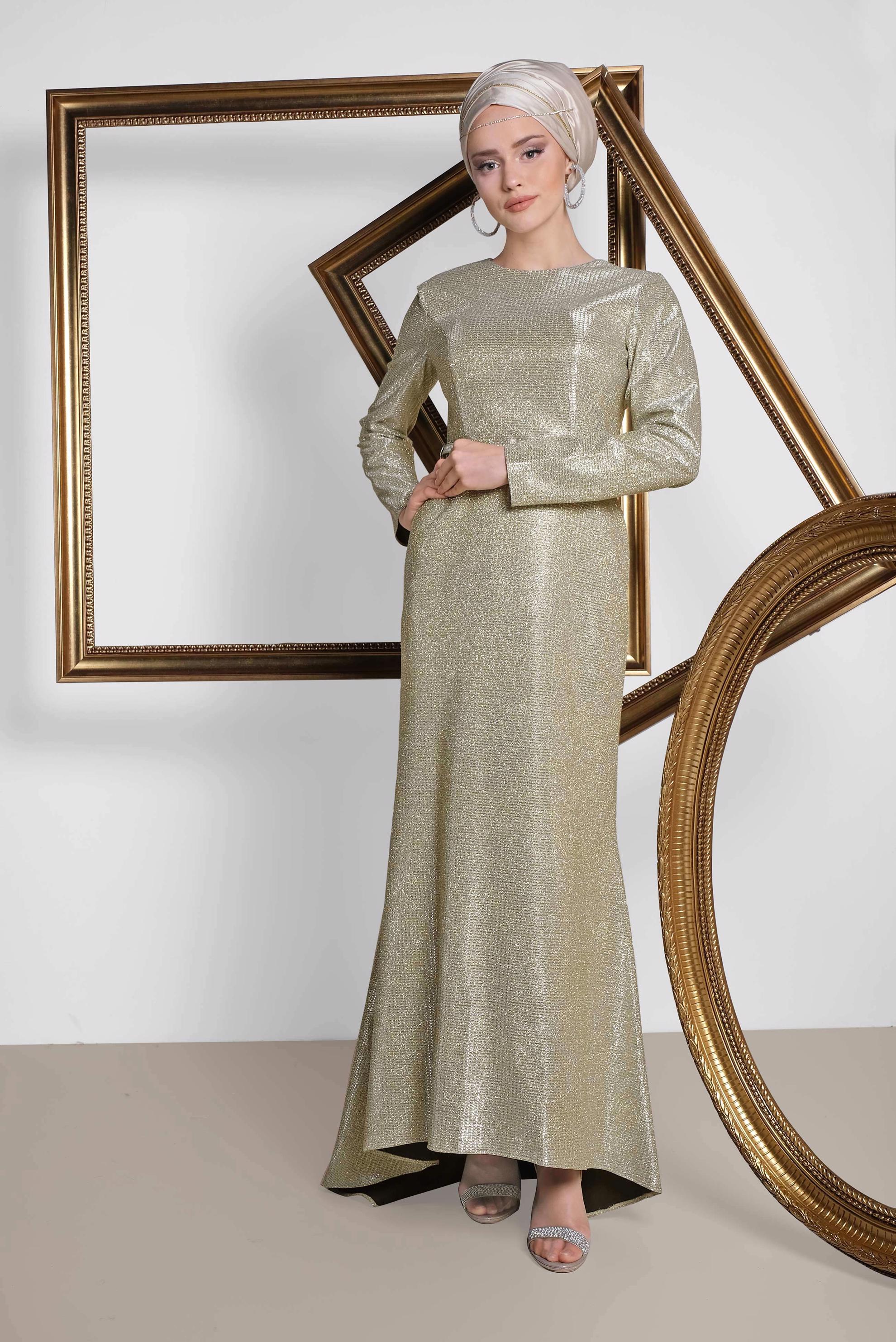 Tesettür giyim ALTIN ASİMETRİK KESİM KEMERLİ ABİYE 5583 