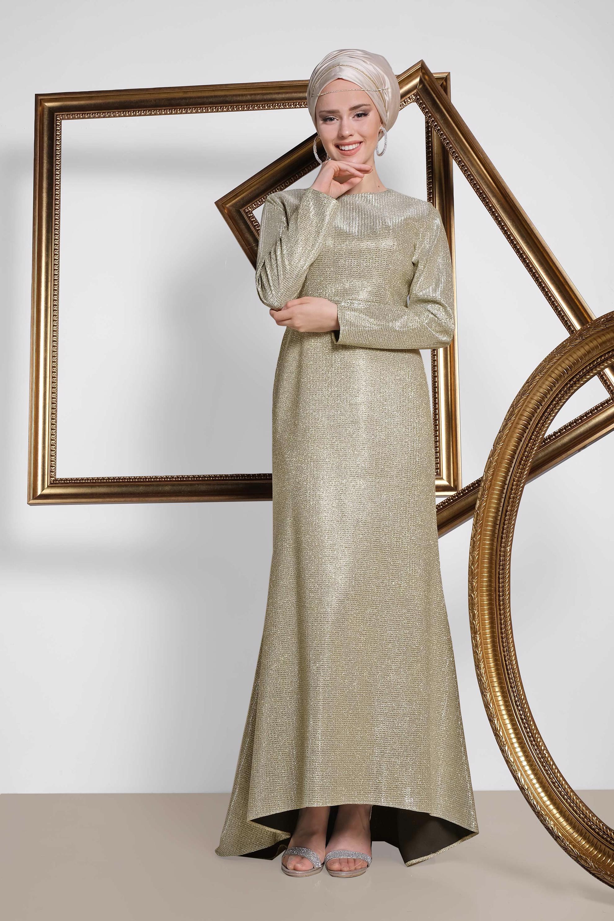 Tesettür giyim ALTIN ASİMETRİK KESİM KEMERLİ ABİYE 5583 