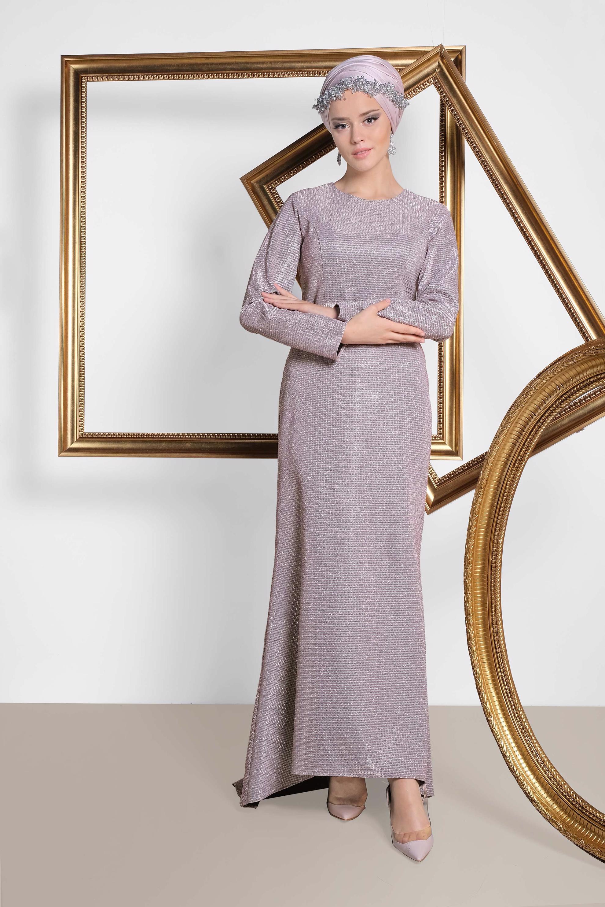 Tesettür giyim PUDRA ASİMETRİK KESİM KEMERLİ ABİYE 5583 