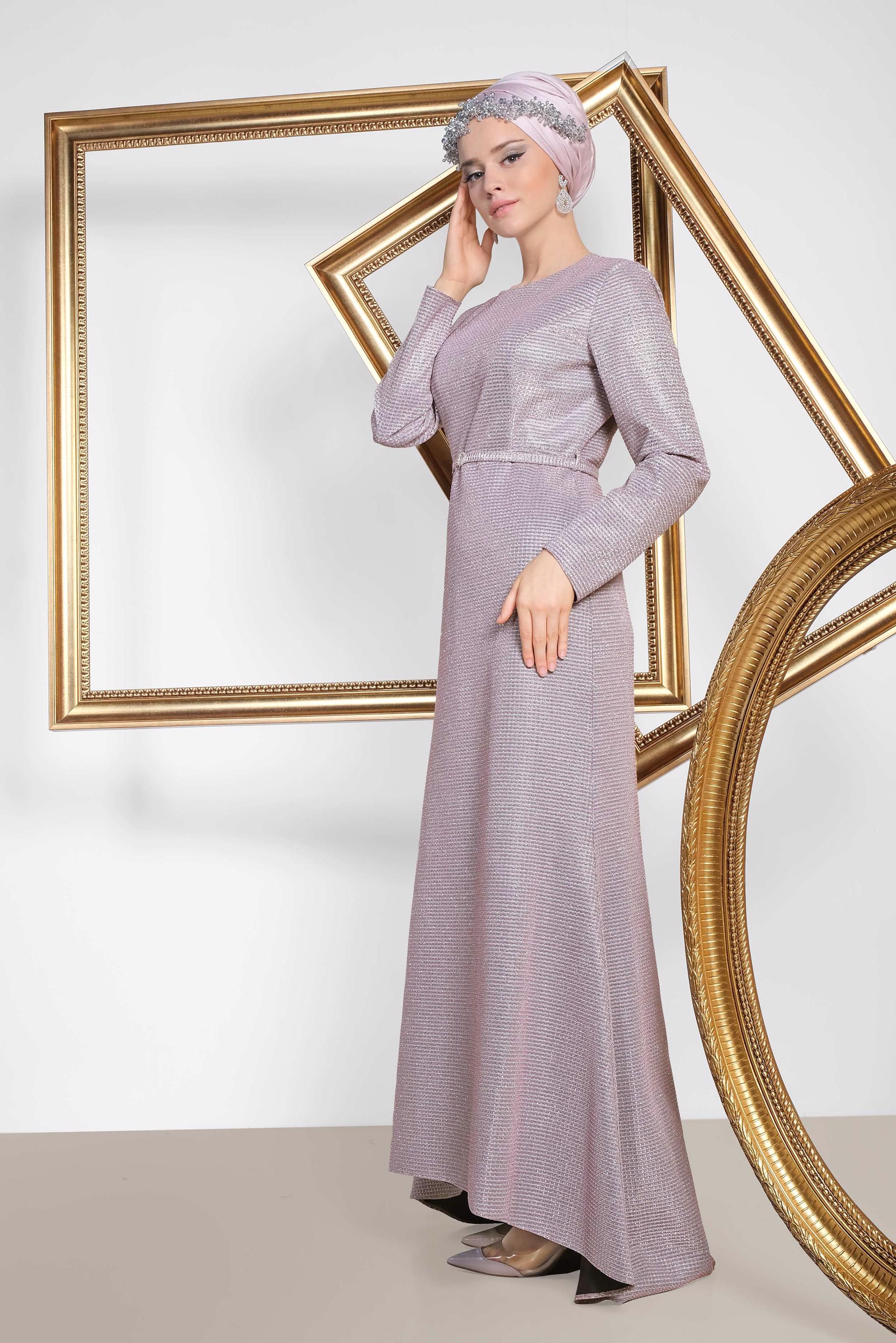 Tesettür giyim PUDRA ASİMETRİK KESİM KEMERLİ ABİYE 5583 