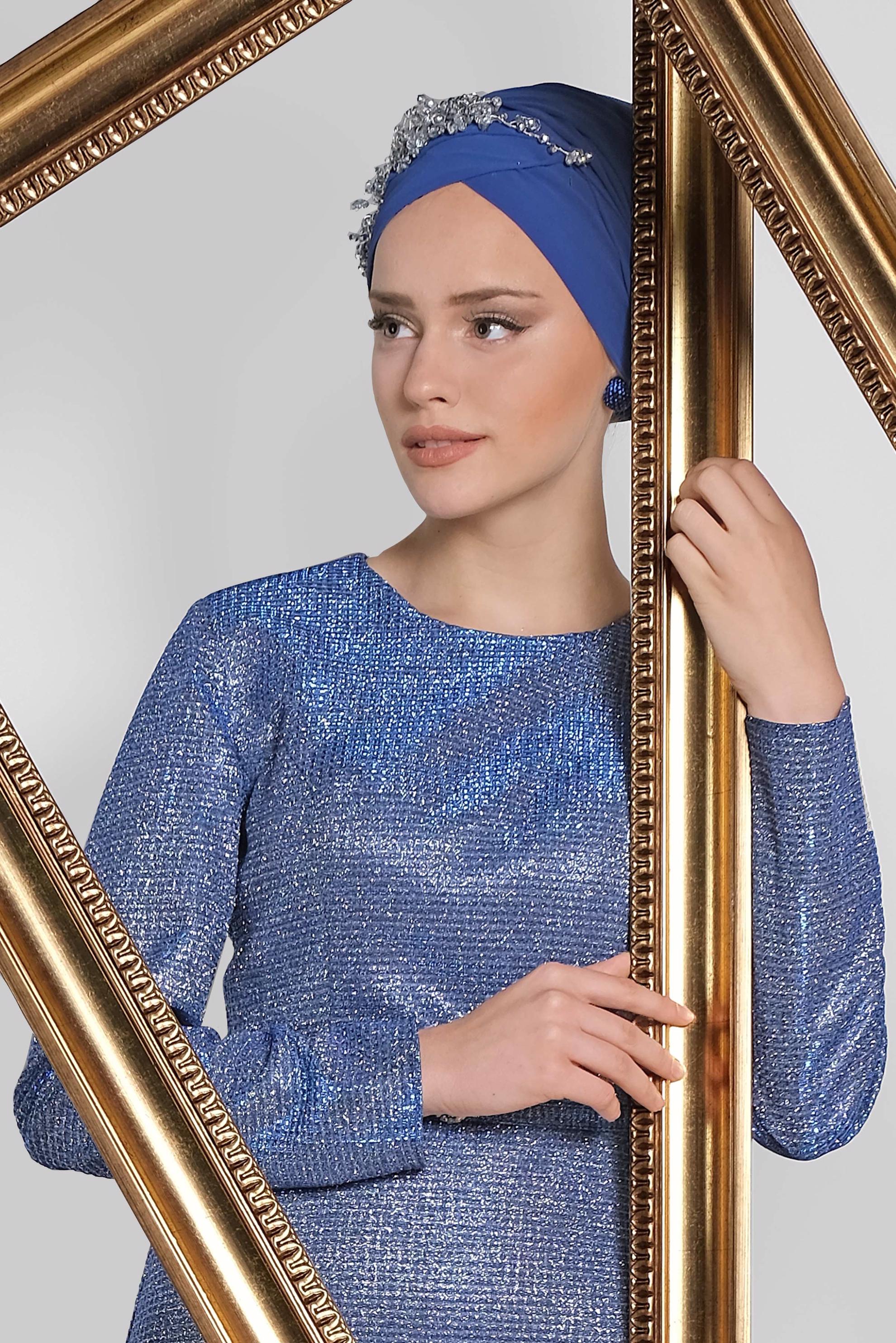 Tesettür giyim LACİVERT ASİMETRİK KESİM KEMERLİ ABİYE 5583 