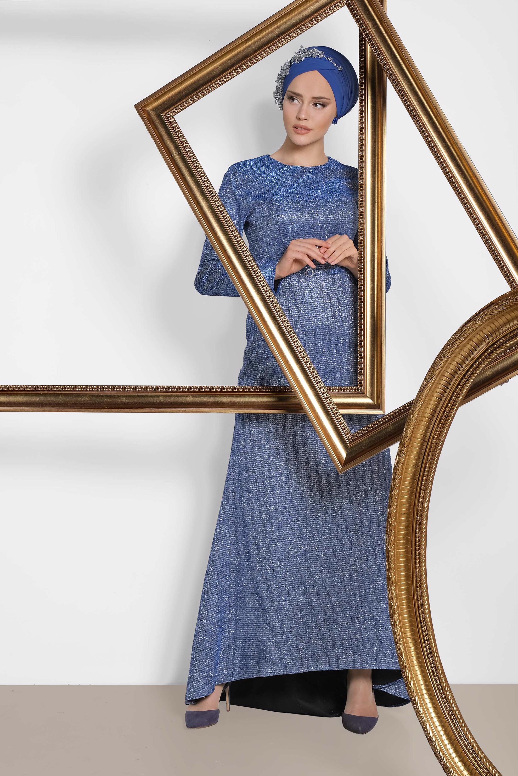 Tesettür giyim LACİVERT ASİMETRİK KESİM KEMERLİ ABİYE 5583 