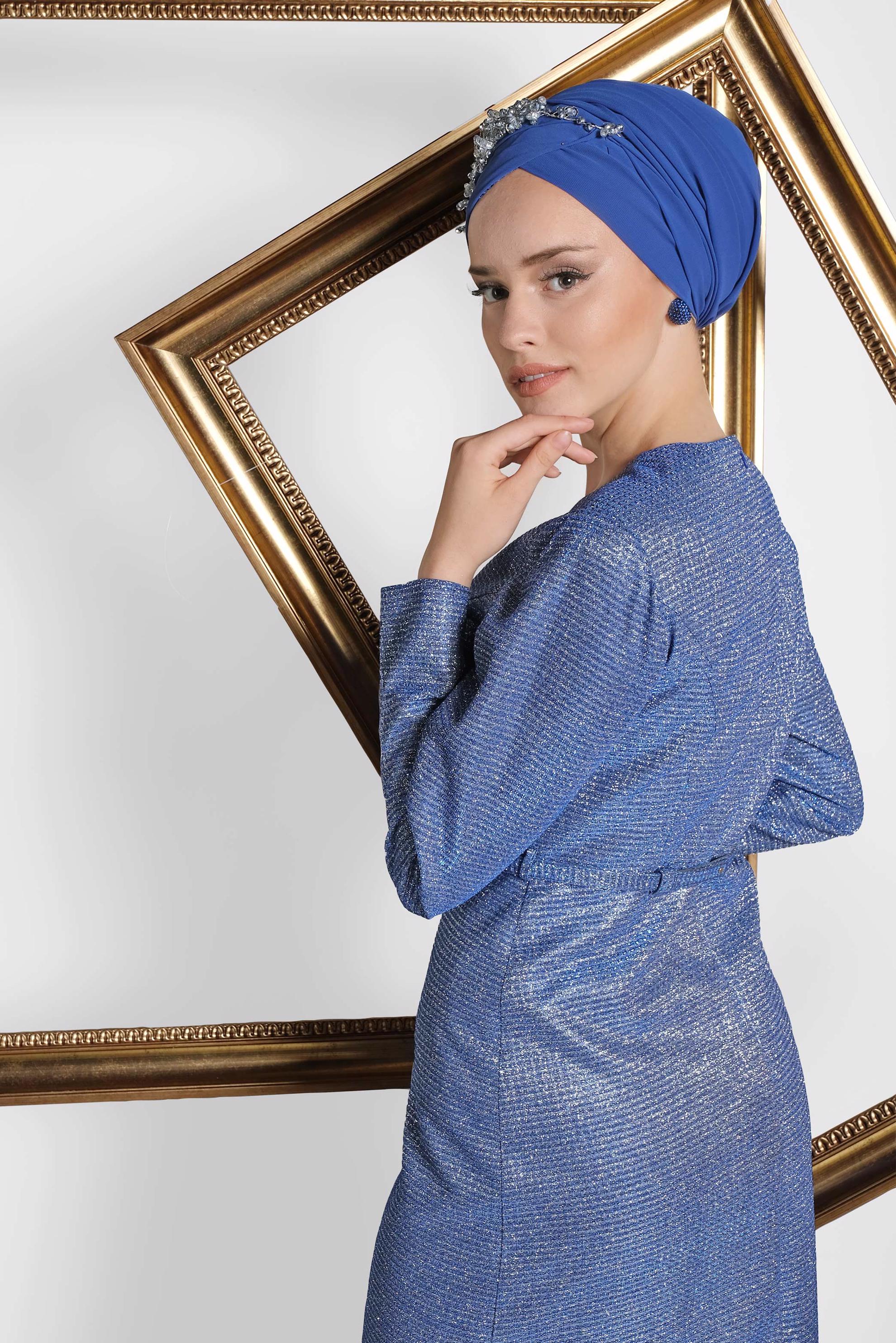 Tesettür giyim LACİVERT ASİMETRİK KESİM KEMERLİ ABİYE 5583 