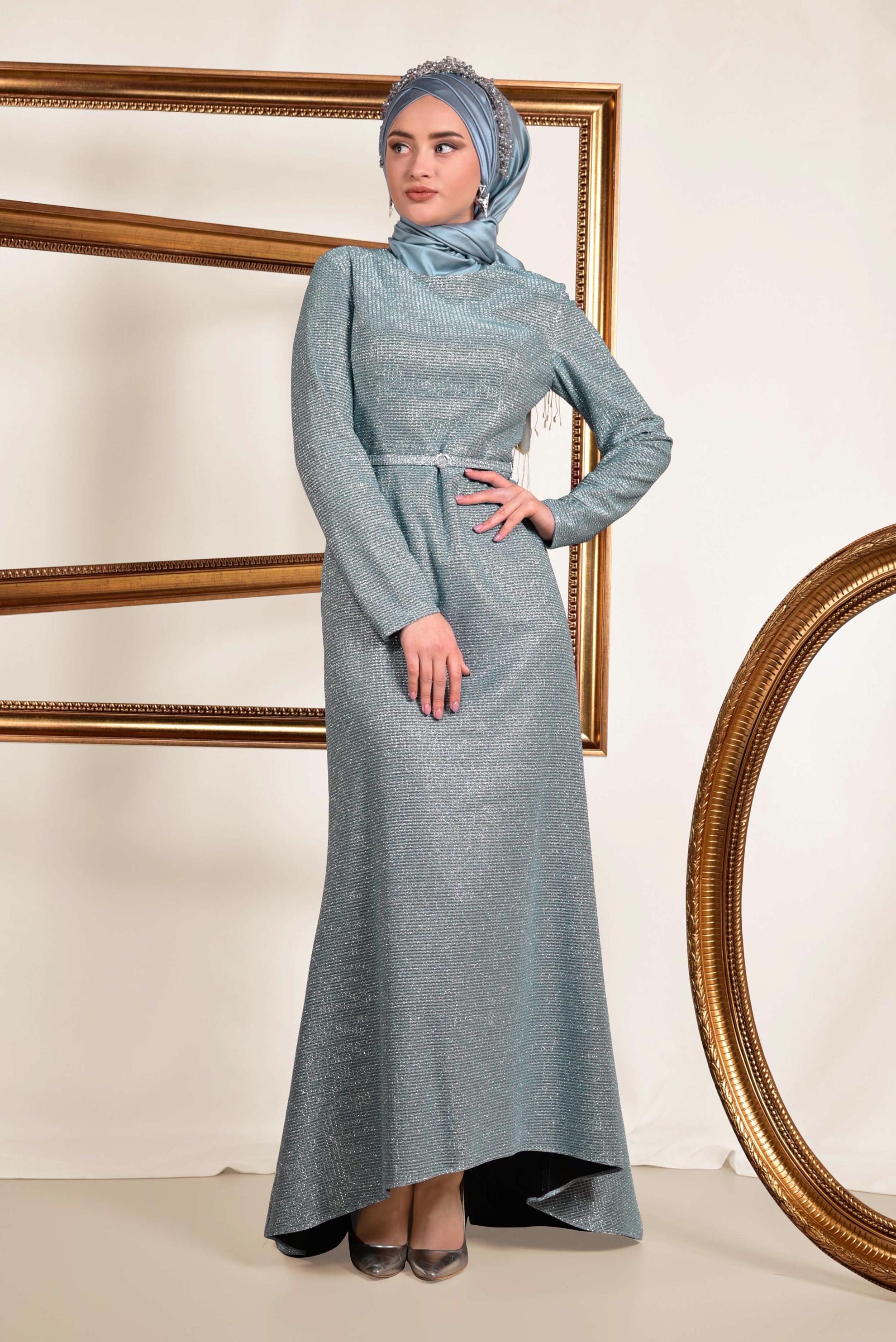 Tesettür giyim MAVİ ASİMETRİK KESİM KEMERLİ ABİYE 5583 