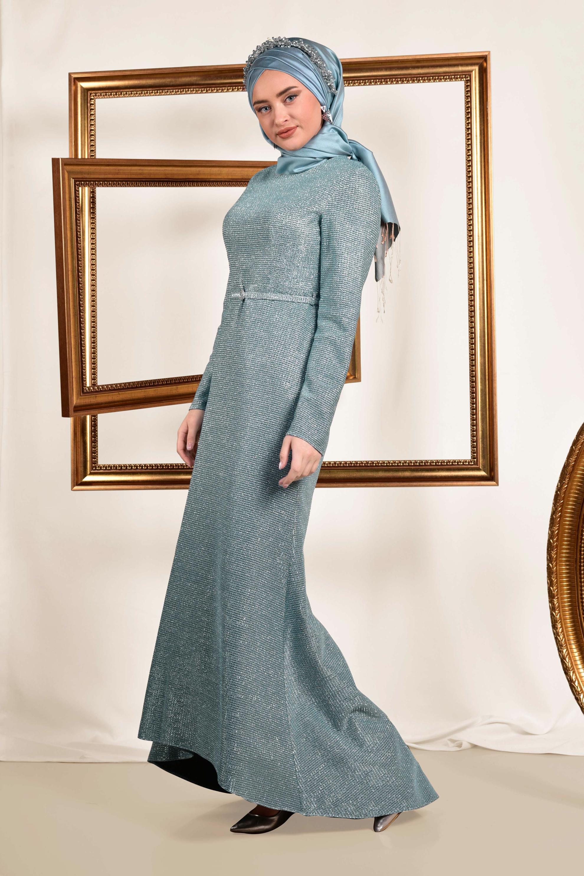 Tesettür giyim MAVİ ASİMETRİK KESİM KEMERLİ ABİYE 5583 