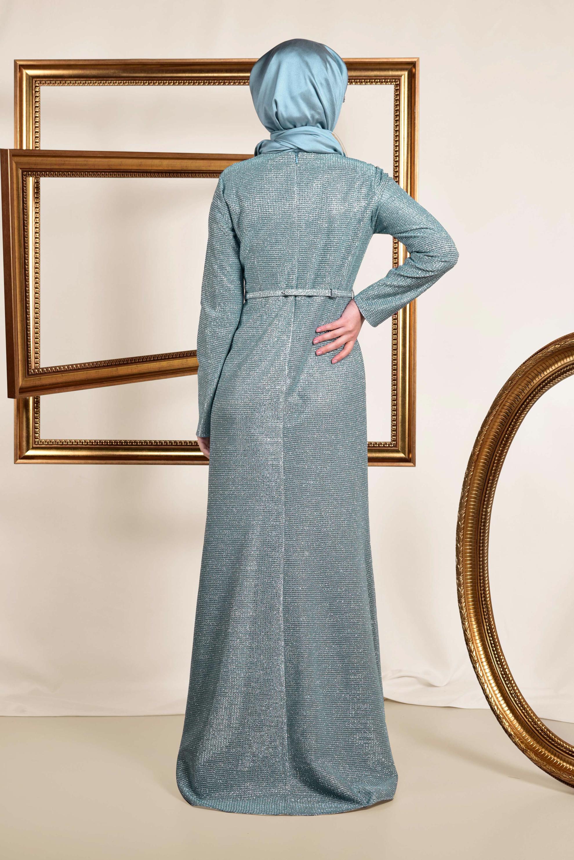 Tesettür giyim MAVİ ASİMETRİK KESİM KEMERLİ ABİYE 5583 