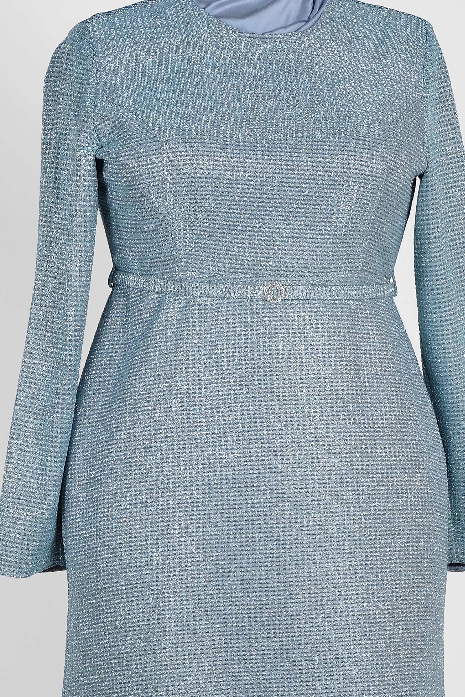 Tesettür giyim MAVİ KEMERLİ SİMLİ KUMAŞTAN ABİYE ELBİSE 5584 