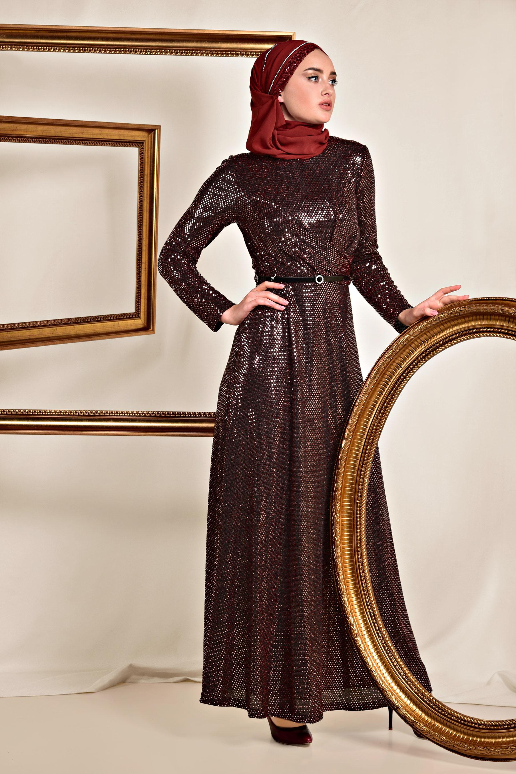 Tesettür giyim BORDO PUL İŞLEMELİ ABİYE 5585 