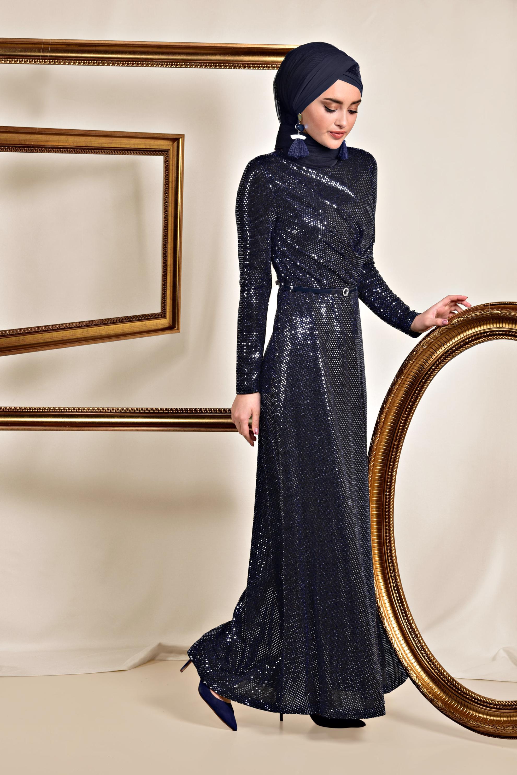 Tesettür giyim LACİVERT PUL İŞLEMELİ ABİYE 5585 