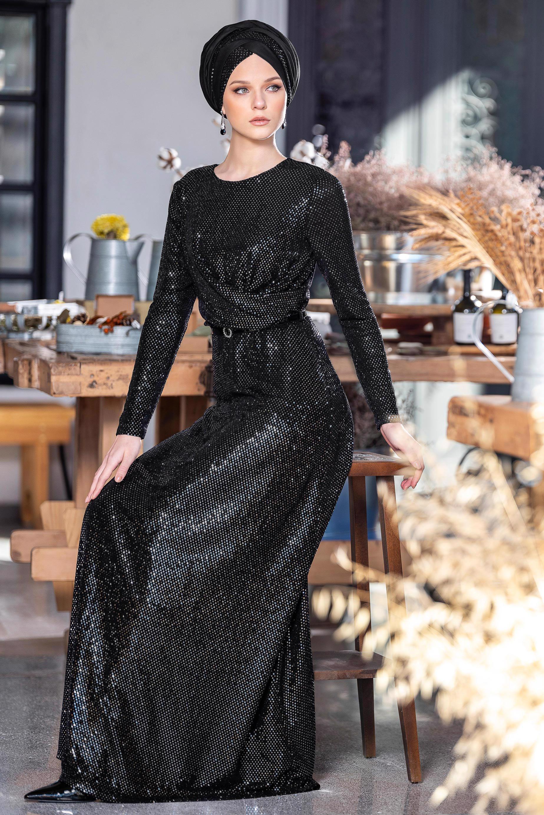 Tesettür giyim SİYAH PUL İŞLEMELİ ABİYE 5585 