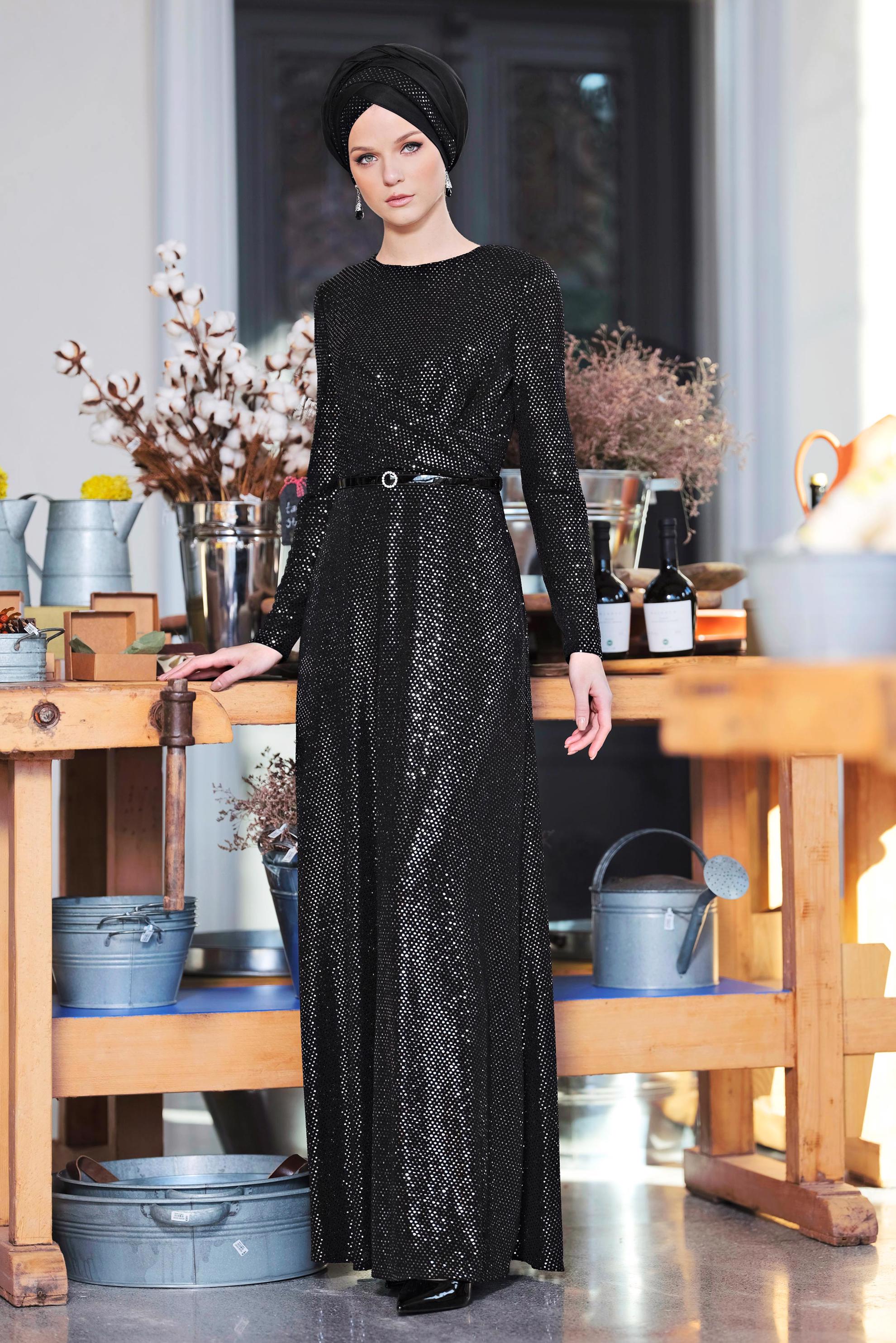 Tesettür giyim SİYAH PUL İŞLEMELİ ABİYE 5585 