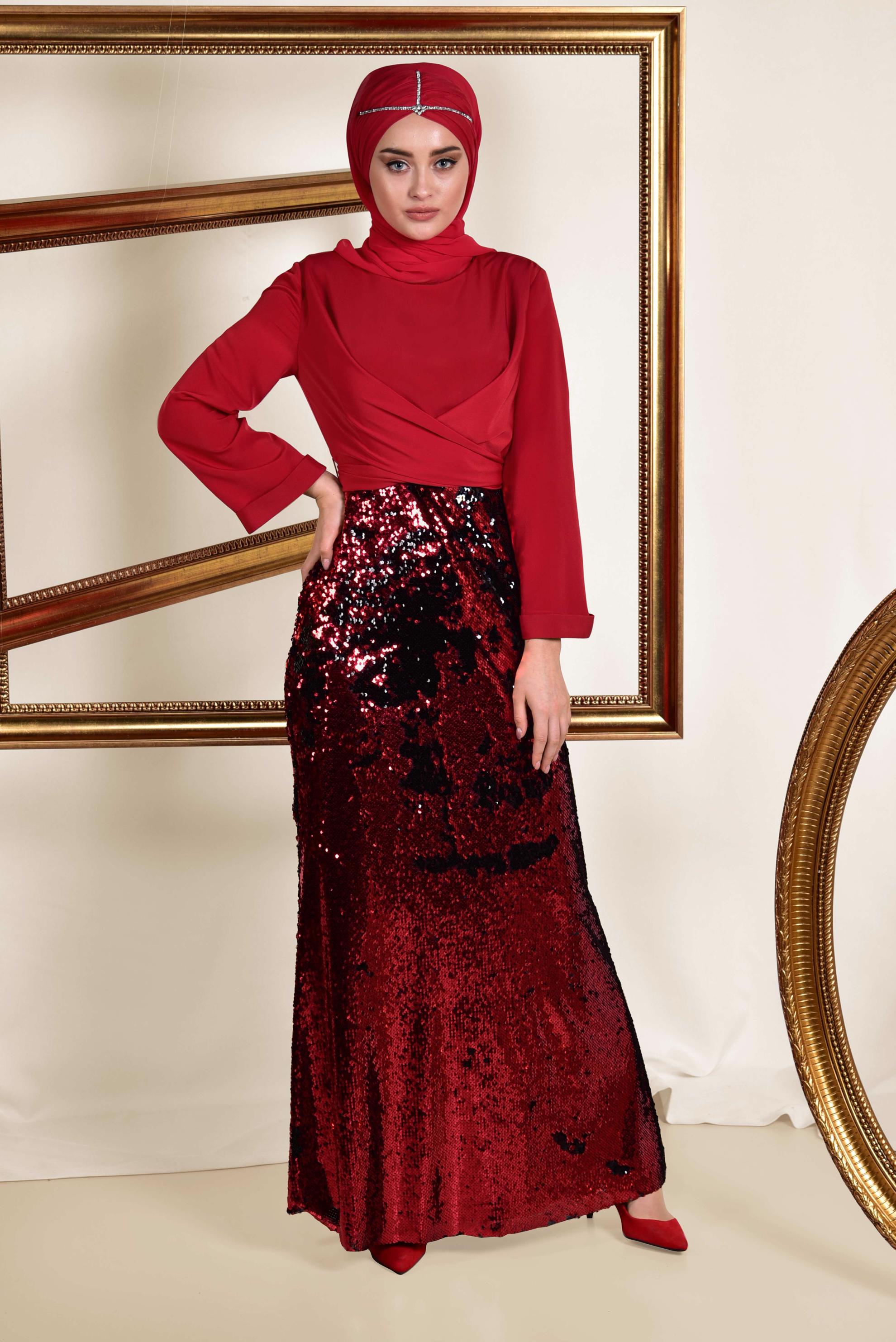 Tesettür giyim SİYAH ETEĞİ PUL PAYETLİ ABİYE ELBİSE 5586