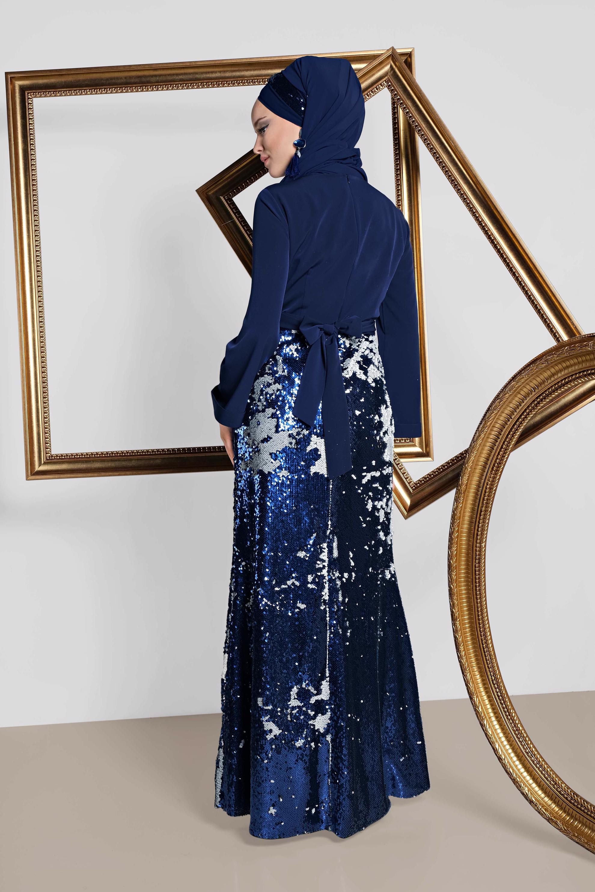 Tesettür giyim LACİVERT ETEĞİ PUL PAYETLİ ABİYE ELBİSE 5586