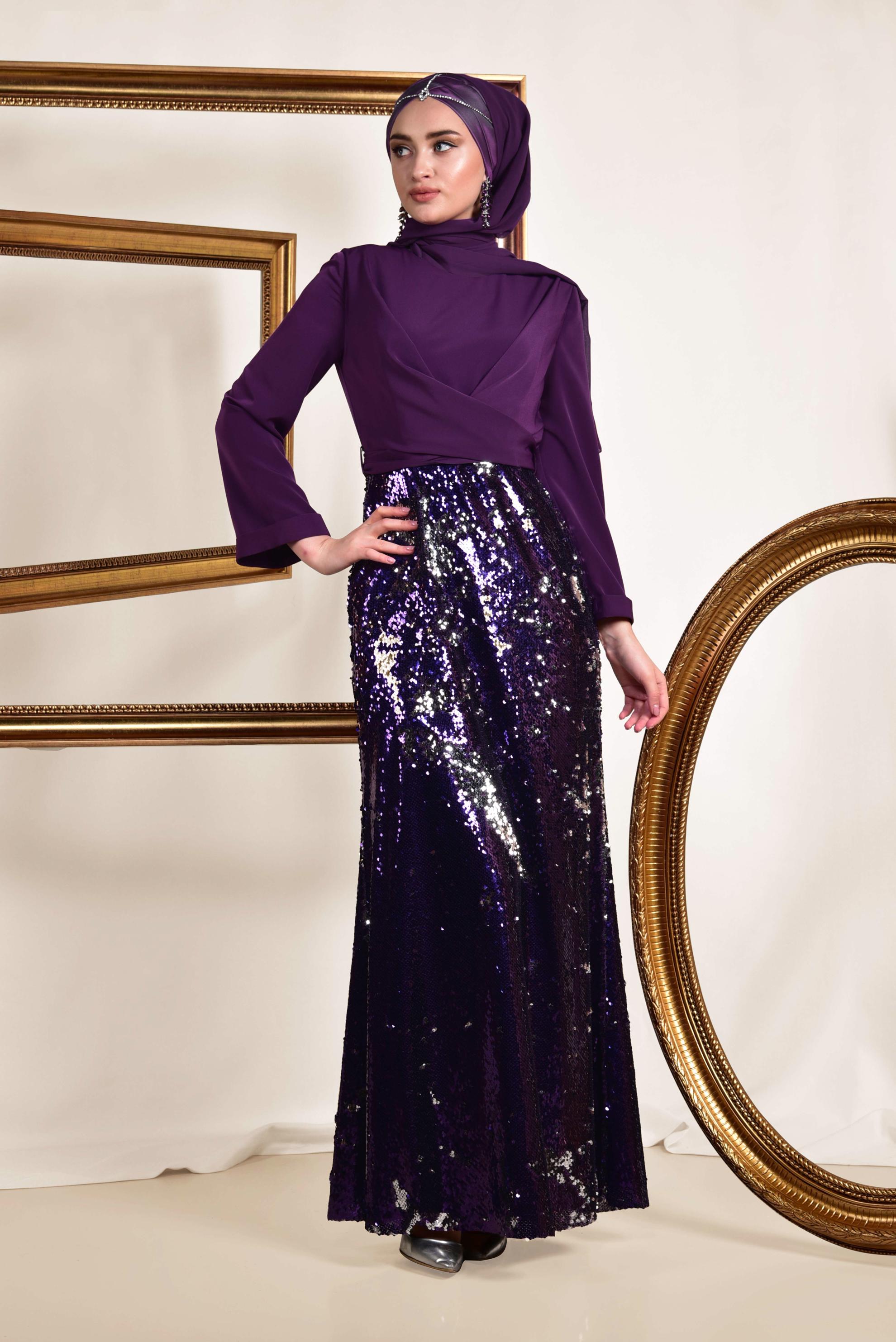 Tesettür giyim MOR ETEĞİ PUL PAYETLİ ABİYE ELBİSE 5586