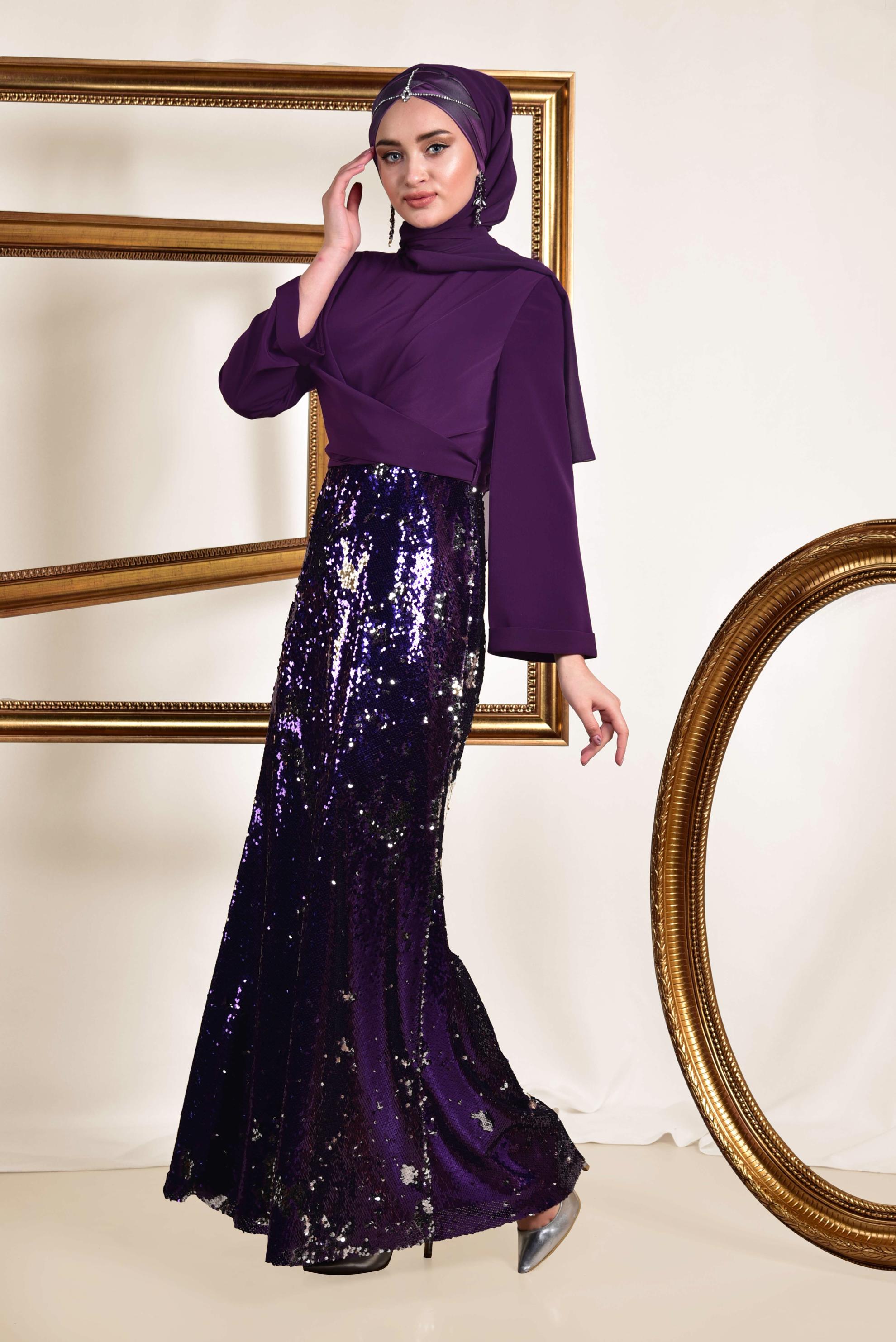 Tesettür giyim MOR ETEĞİ PUL PAYETLİ ABİYE ELBİSE 5586