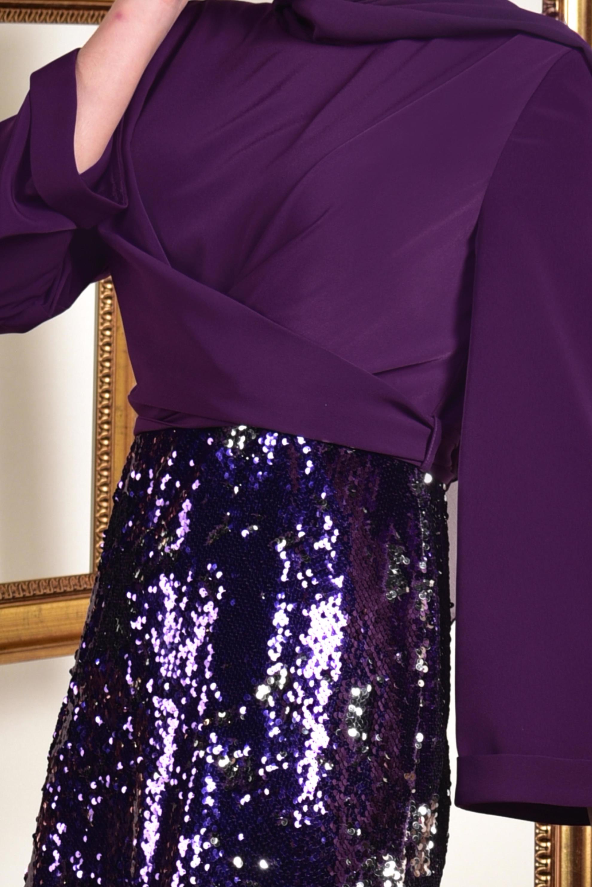 Tesettür giyim MOR ETEĞİ PUL PAYETLİ ABİYE ELBİSE 5586