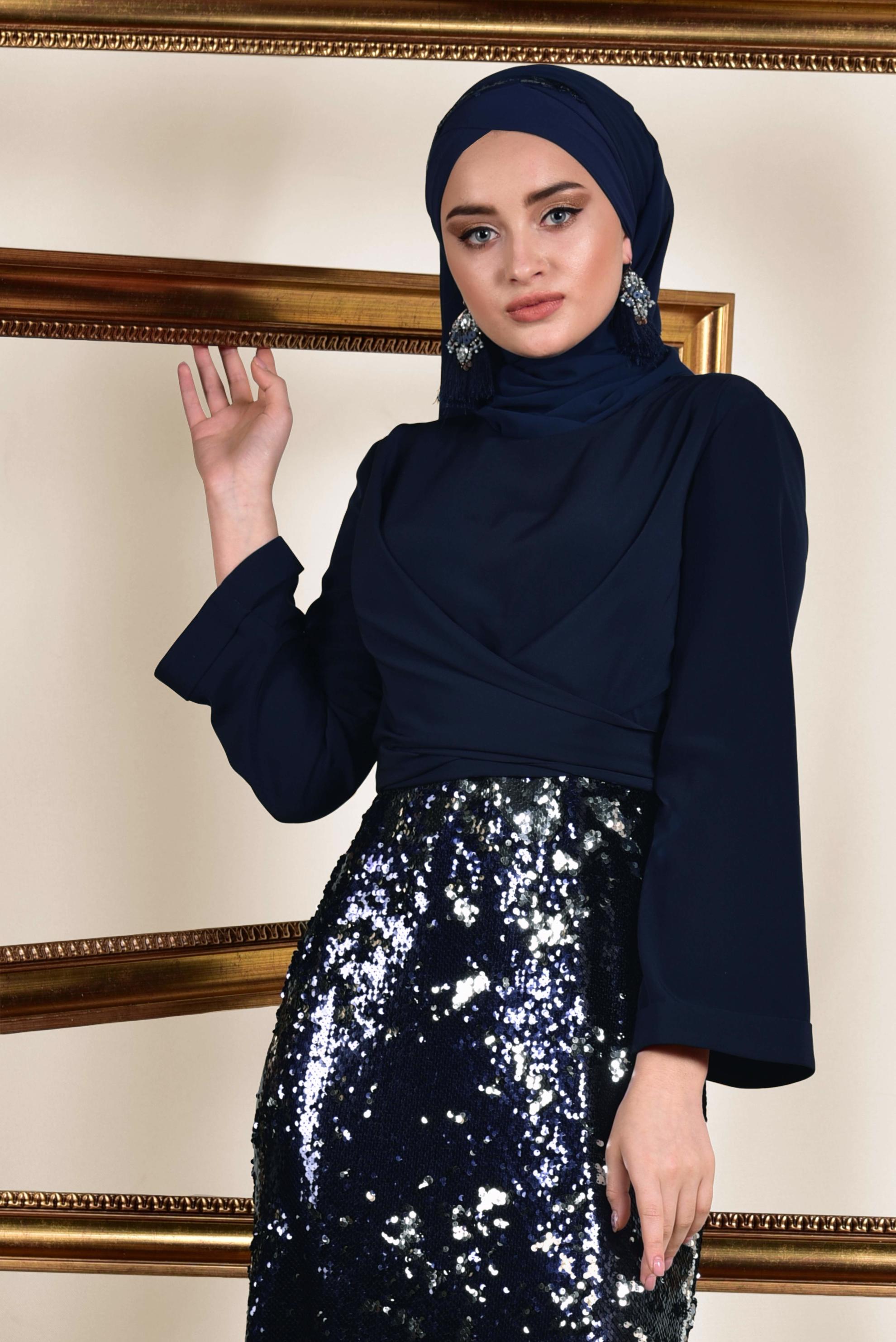 Tesettür giyim LACİVERT ETEĞİ PUL PAYETLİ ABİYE ELBİSE 5586