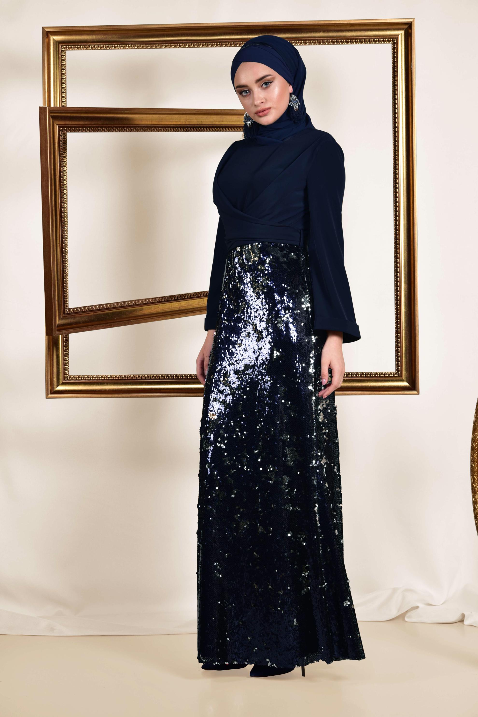 Tesettür giyim LACİVERT ETEĞİ PUL PAYETLİ ABİYE ELBİSE 5586