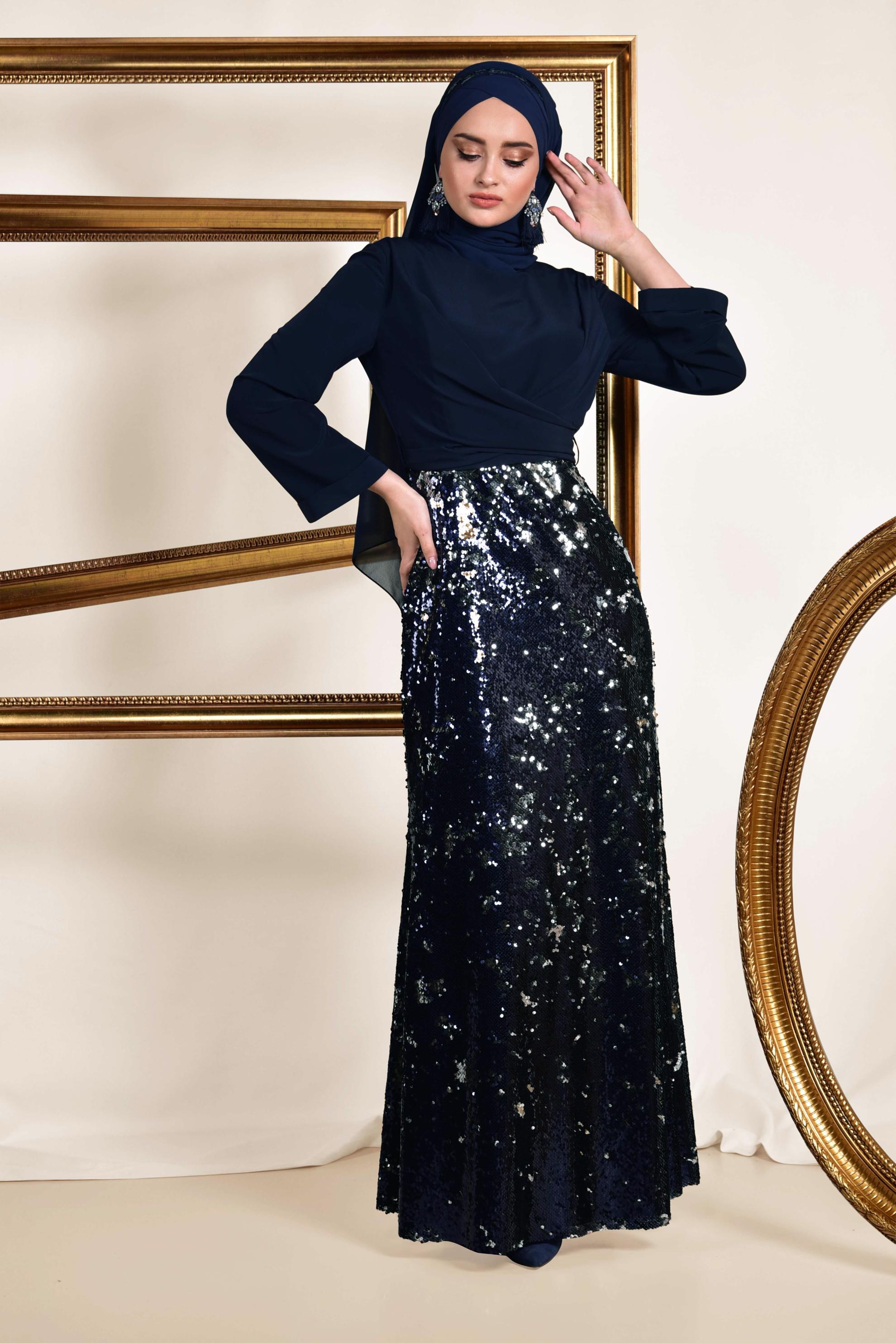 Tesettür giyim LACİVERT ETEĞİ PUL PAYETLİ ABİYE ELBİSE 5586