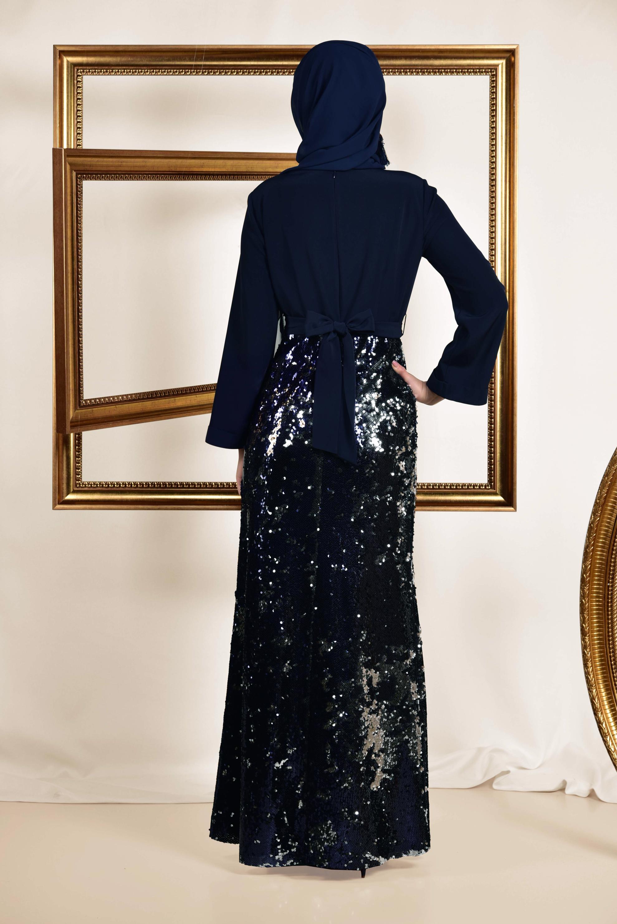 Tesettür giyim LACİVERT ETEĞİ PUL PAYETLİ ABİYE ELBİSE 5586