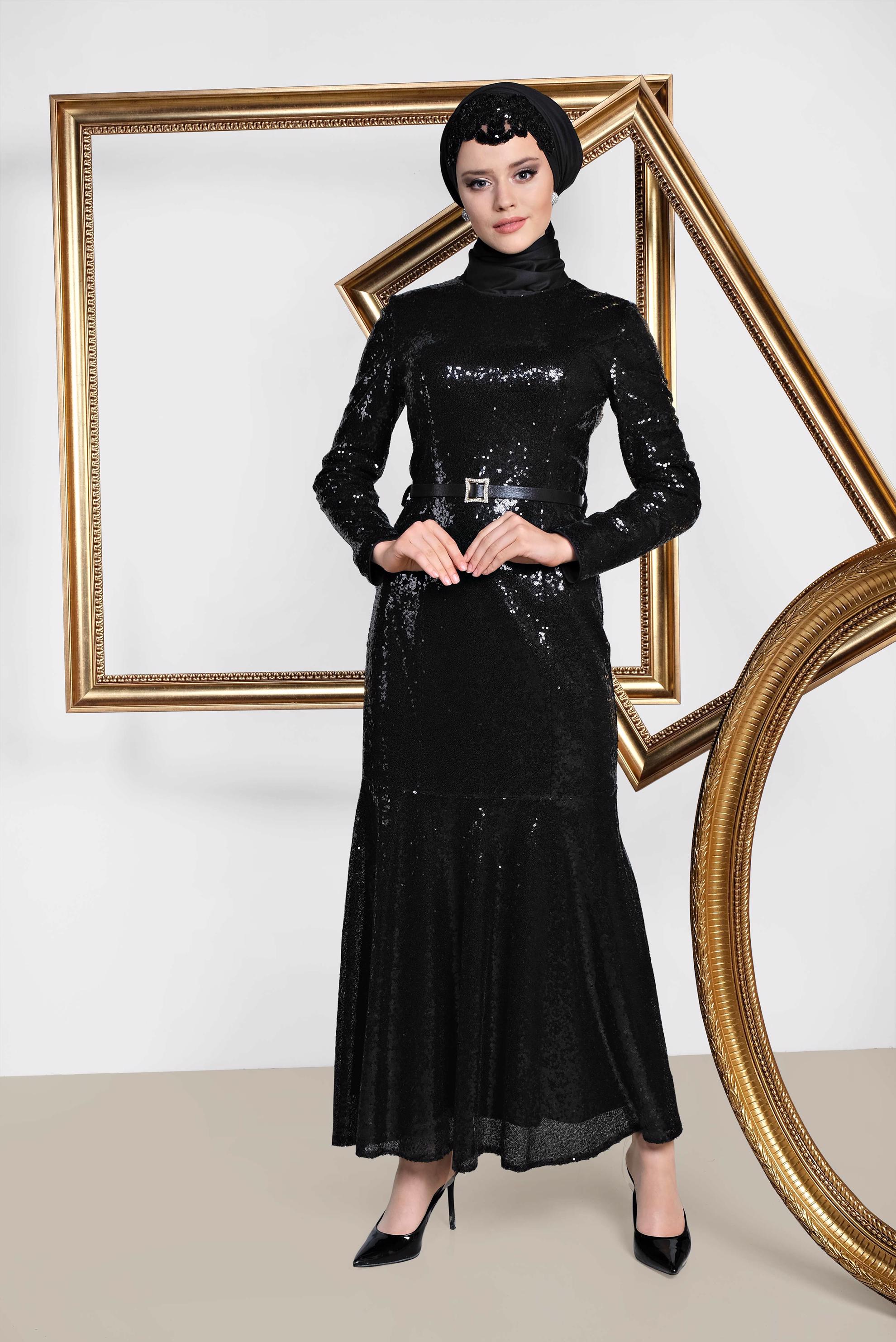 Tesettür giyim SİYAH ETEĞİ VOLANLI SIVAMA PUL PAYET ABİYE 5587 