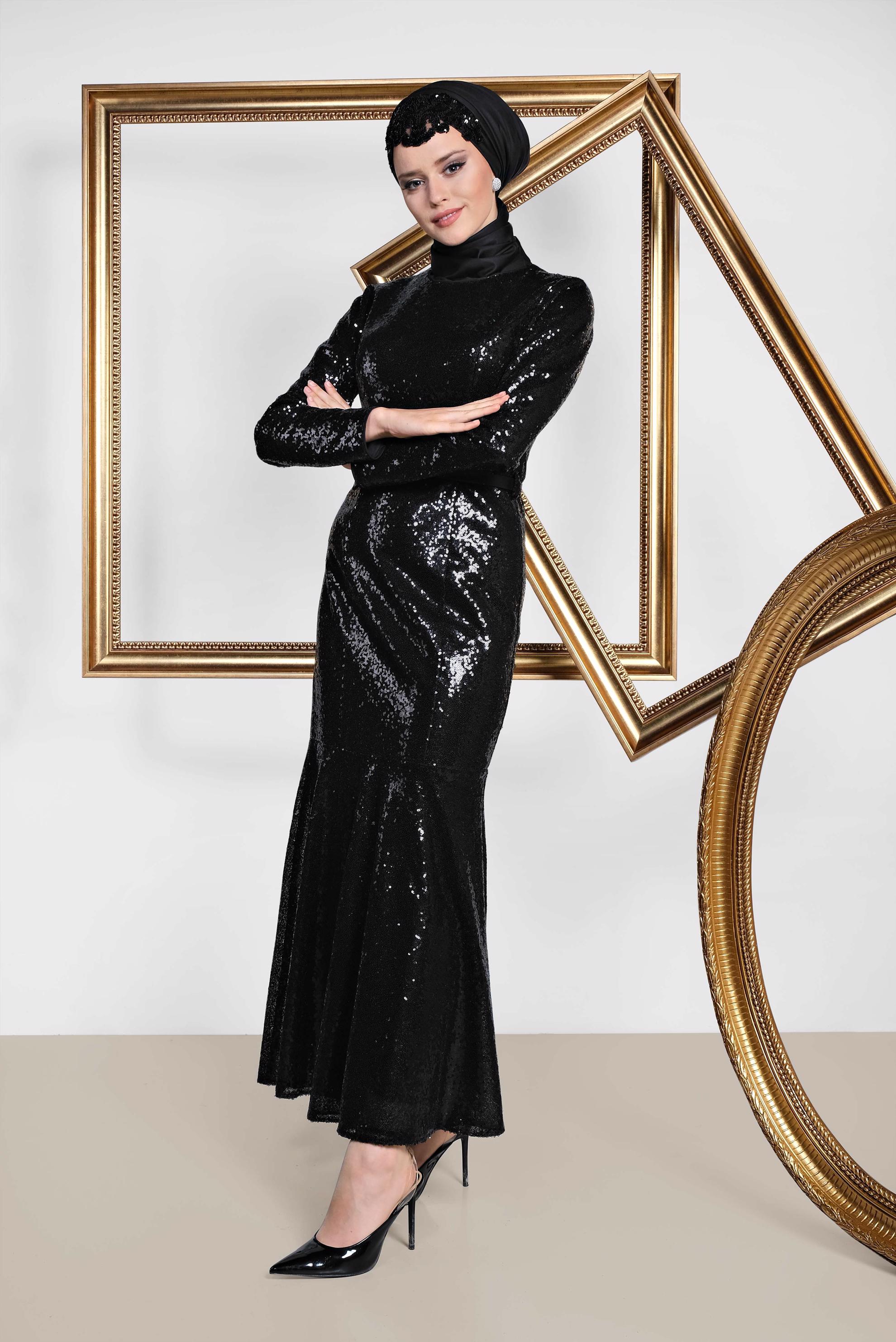 Tesettür giyim SİYAH ETEĞİ VOLANLI SIVAMA PUL PAYET ABİYE 5587 