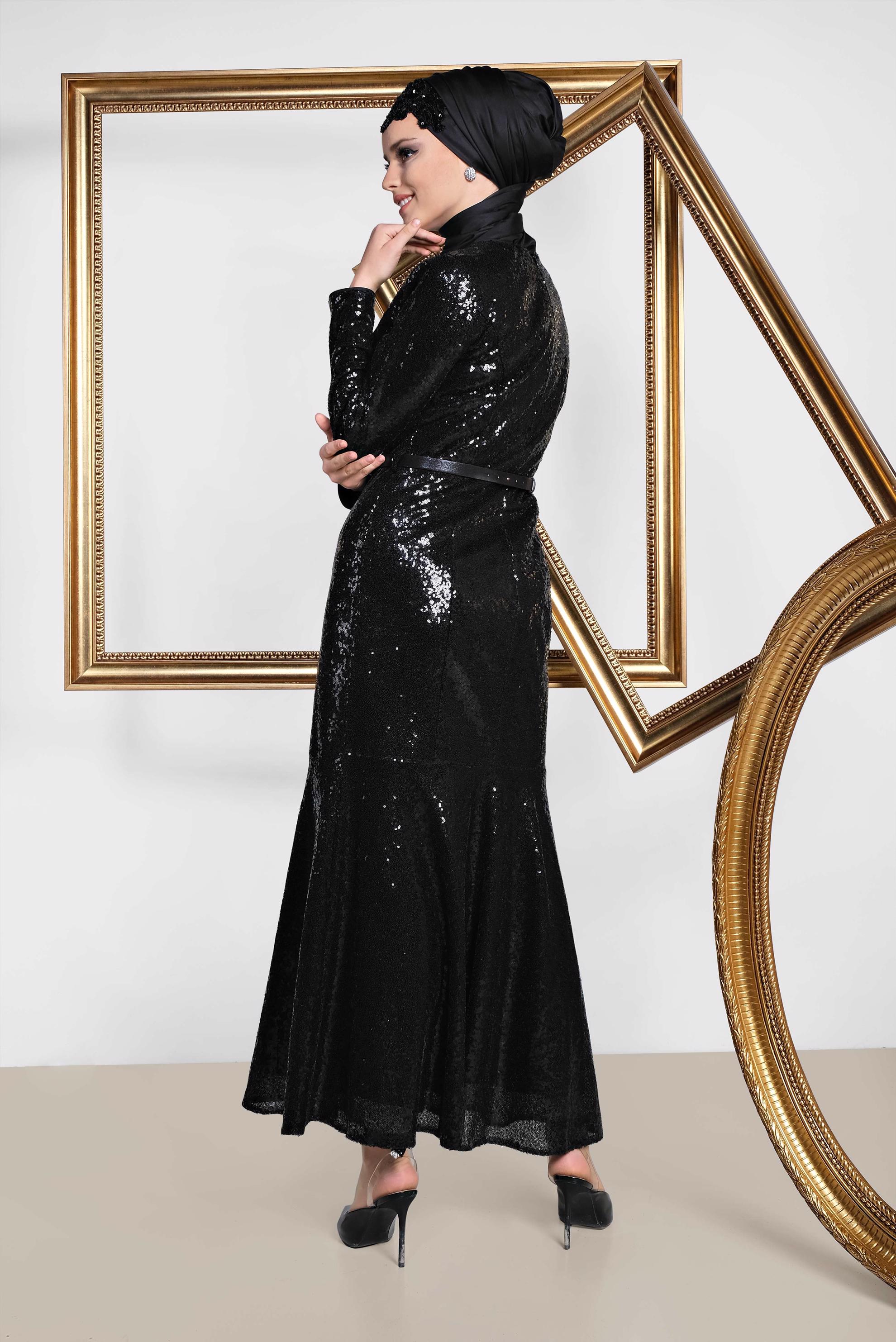 Tesettür giyim SİYAH ETEĞİ VOLANLI SIVAMA PUL PAYET ABİYE 5587 