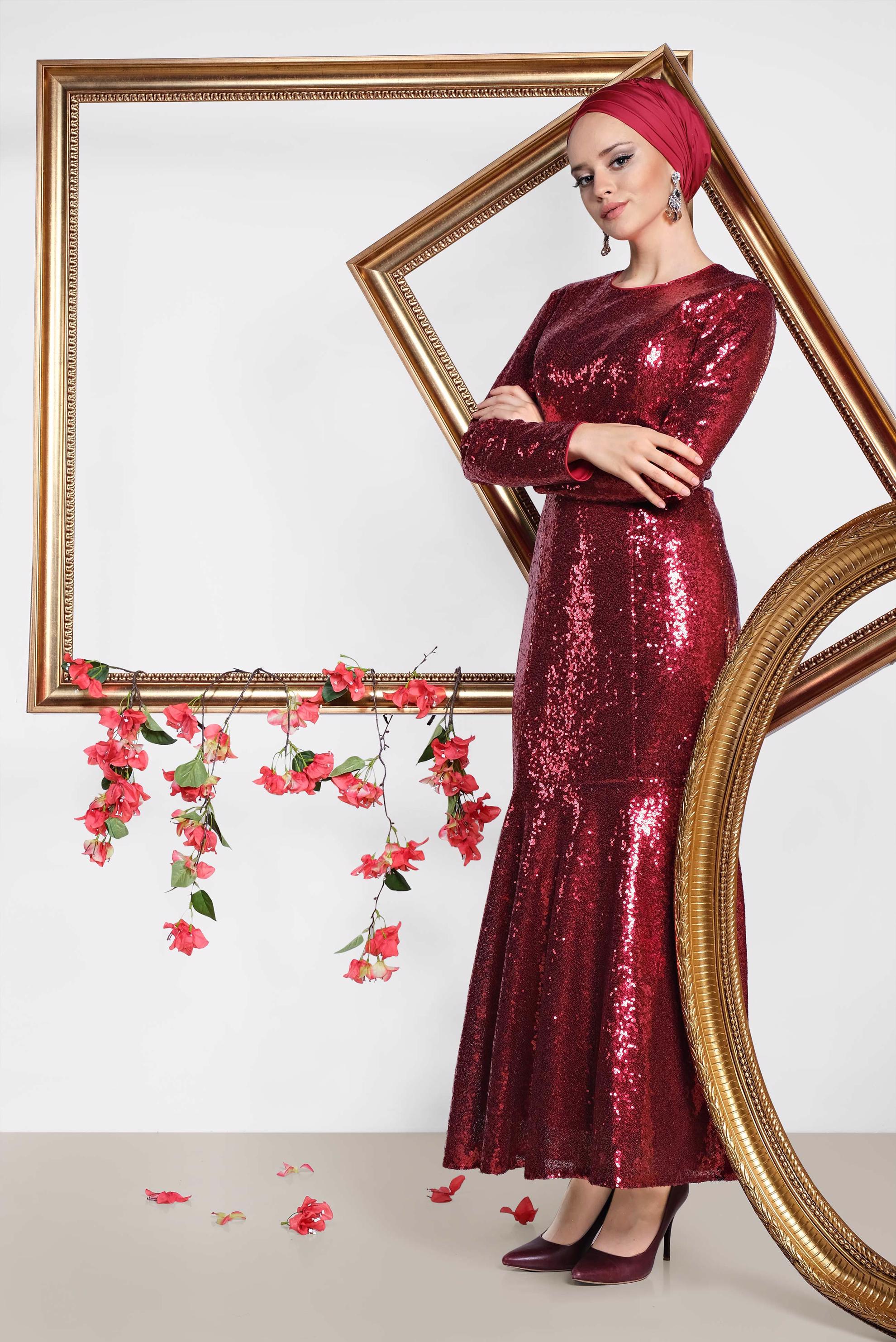 Tesettür giyim BORDO ETEĞİ VOLANLI SIVAMA PUL PAYET ABİYE 5587 