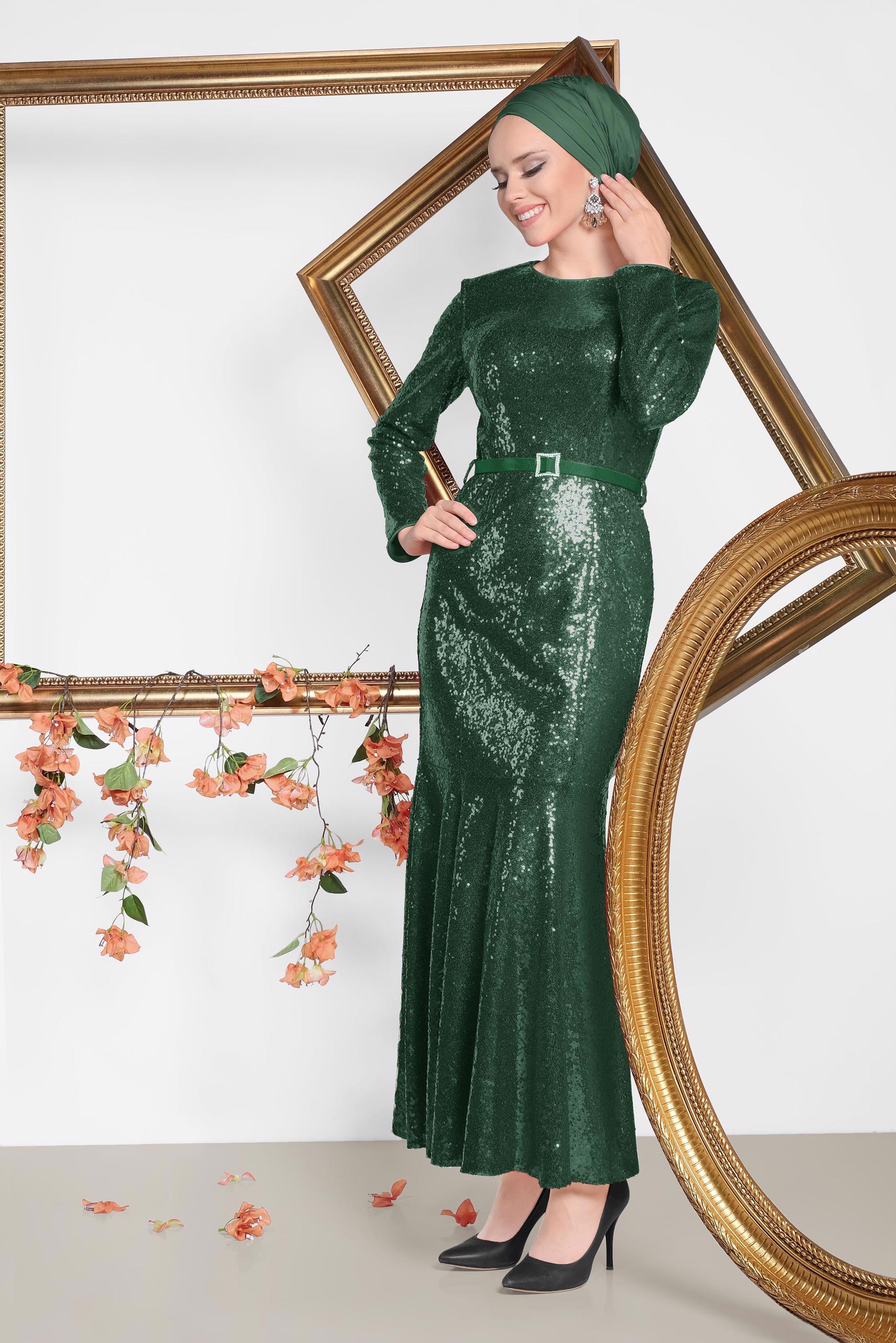 Tesettür giyim YEŞİL 5587 3 MM SIVAMA PUL ABİYE 38/42 TEK40