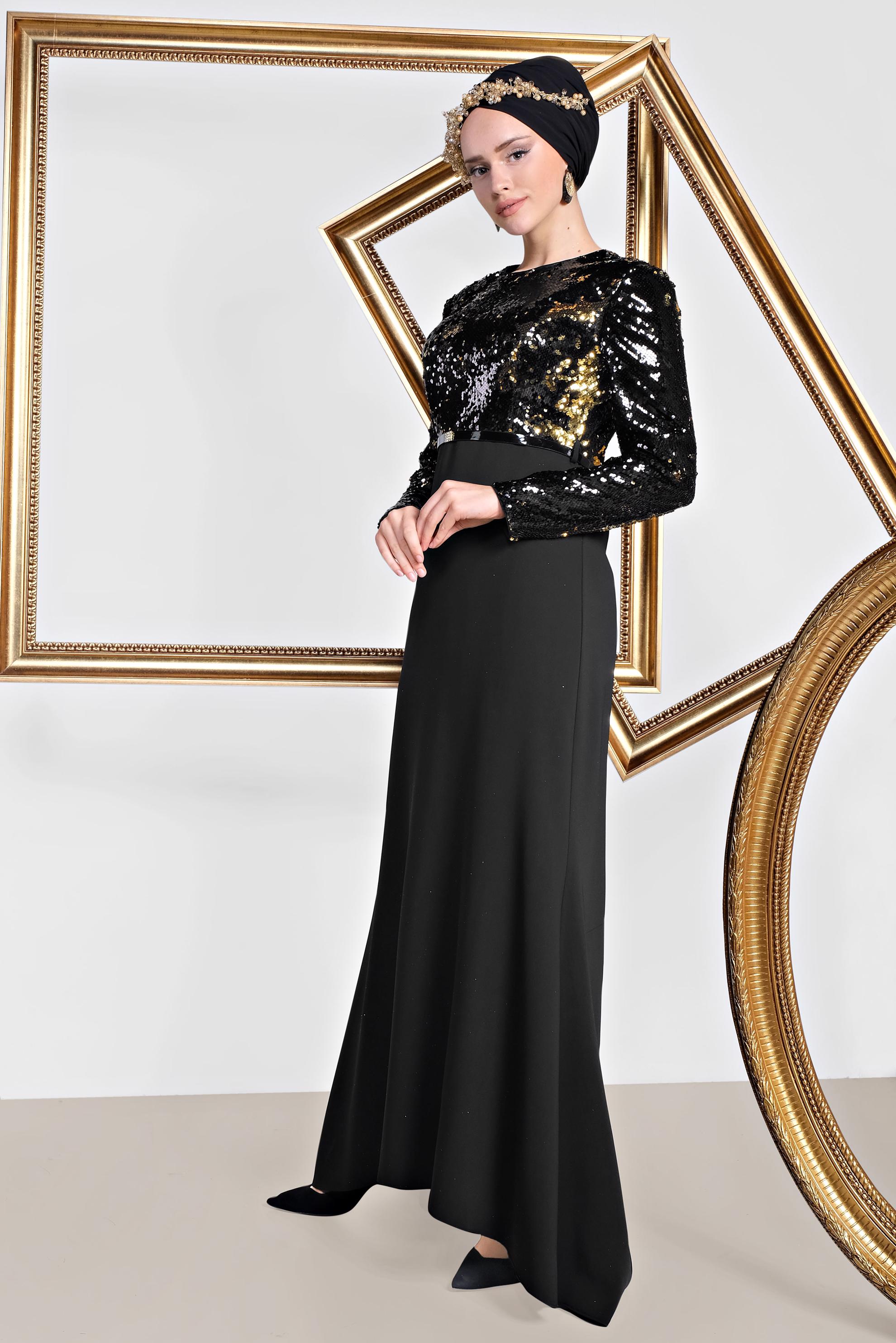 Tesettür giyim SİYAH PUL PAYET İŞLEMELİ ABİYE ELBİSE 5589 