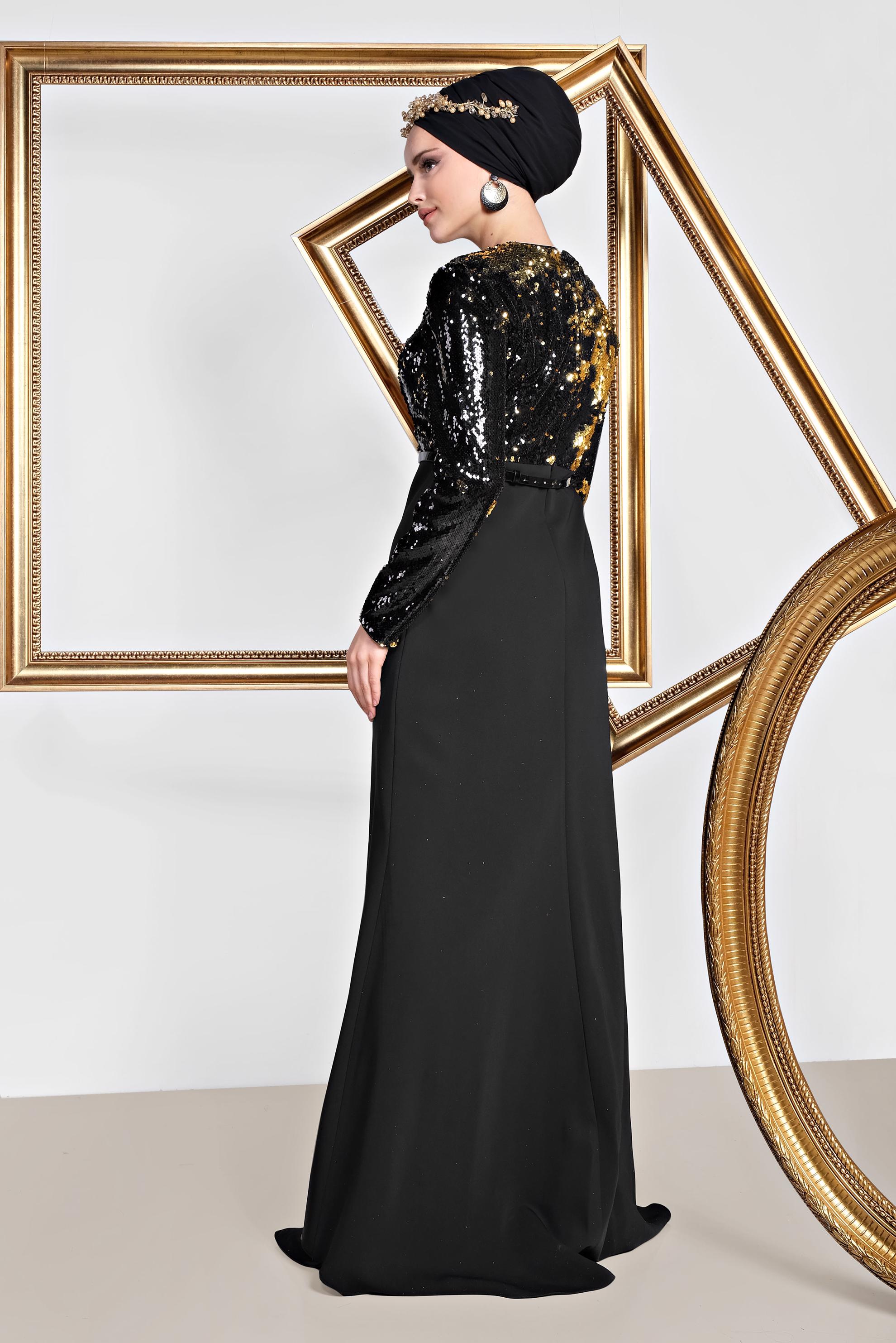 Tesettür giyim SİYAH PUL PAYET İŞLEMELİ ABİYE ELBİSE 5589 